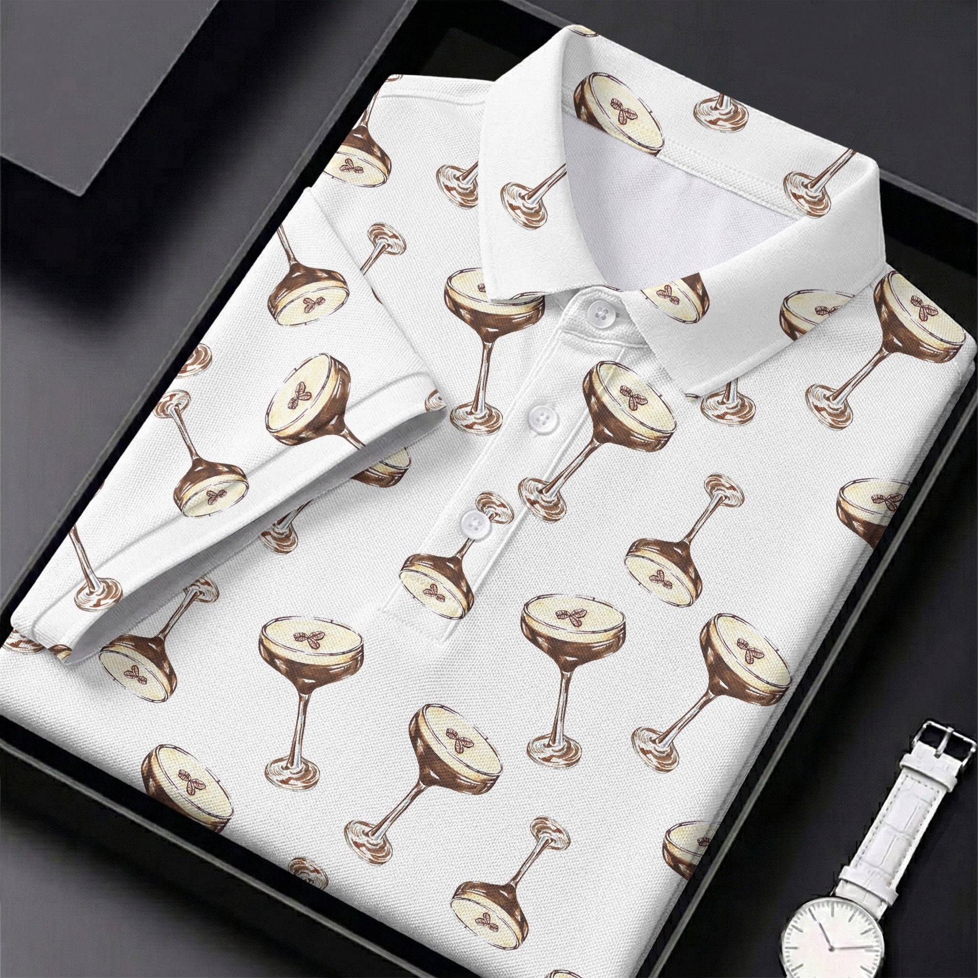 Expresso Martini Doodle Seamless Pattern Hawaiian Golf Shirt, Polo Shirts For Men