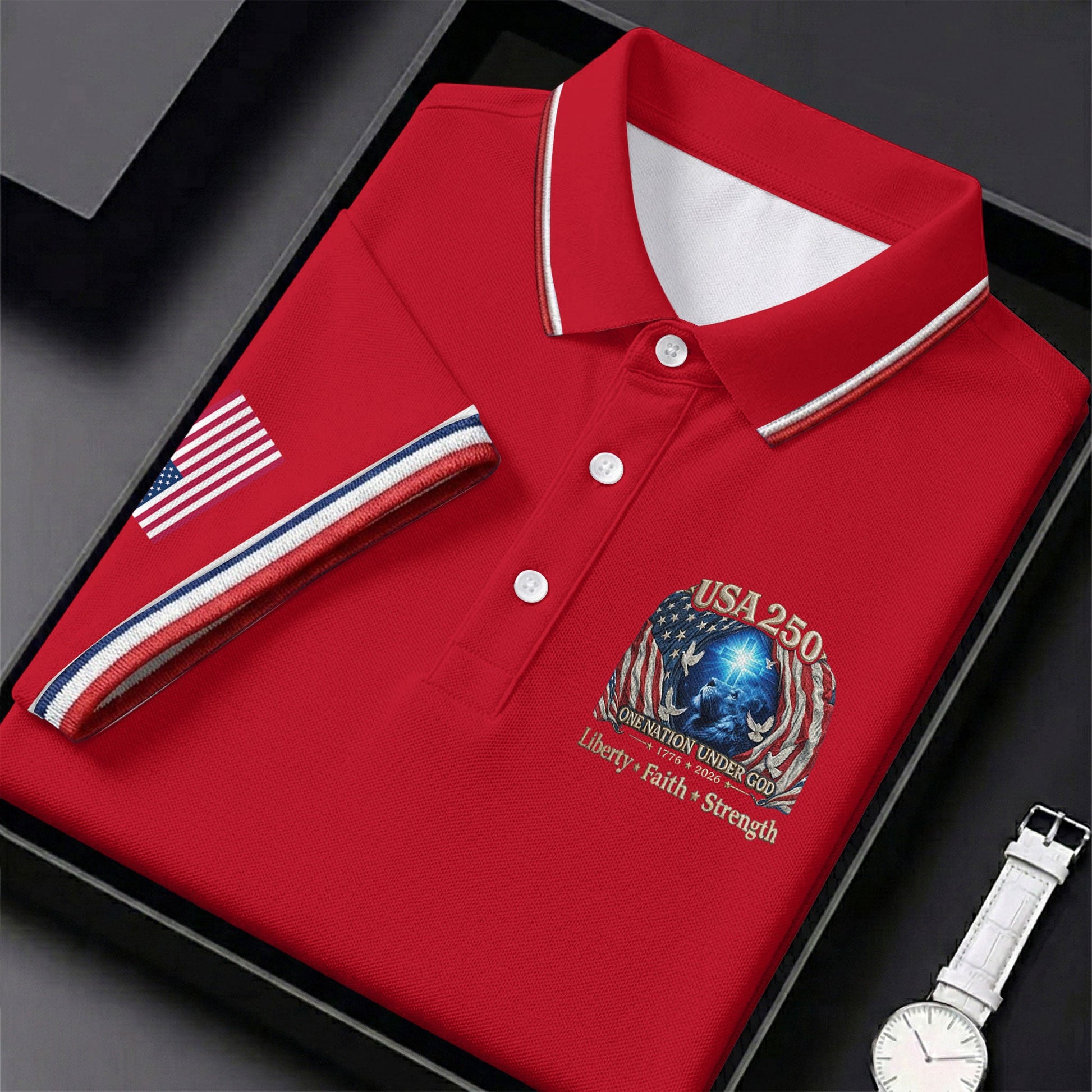 One Nation Under God Faith Cross USA 250 Logo Red Golf Shirt, 4th Of July Golf Shirt For Women