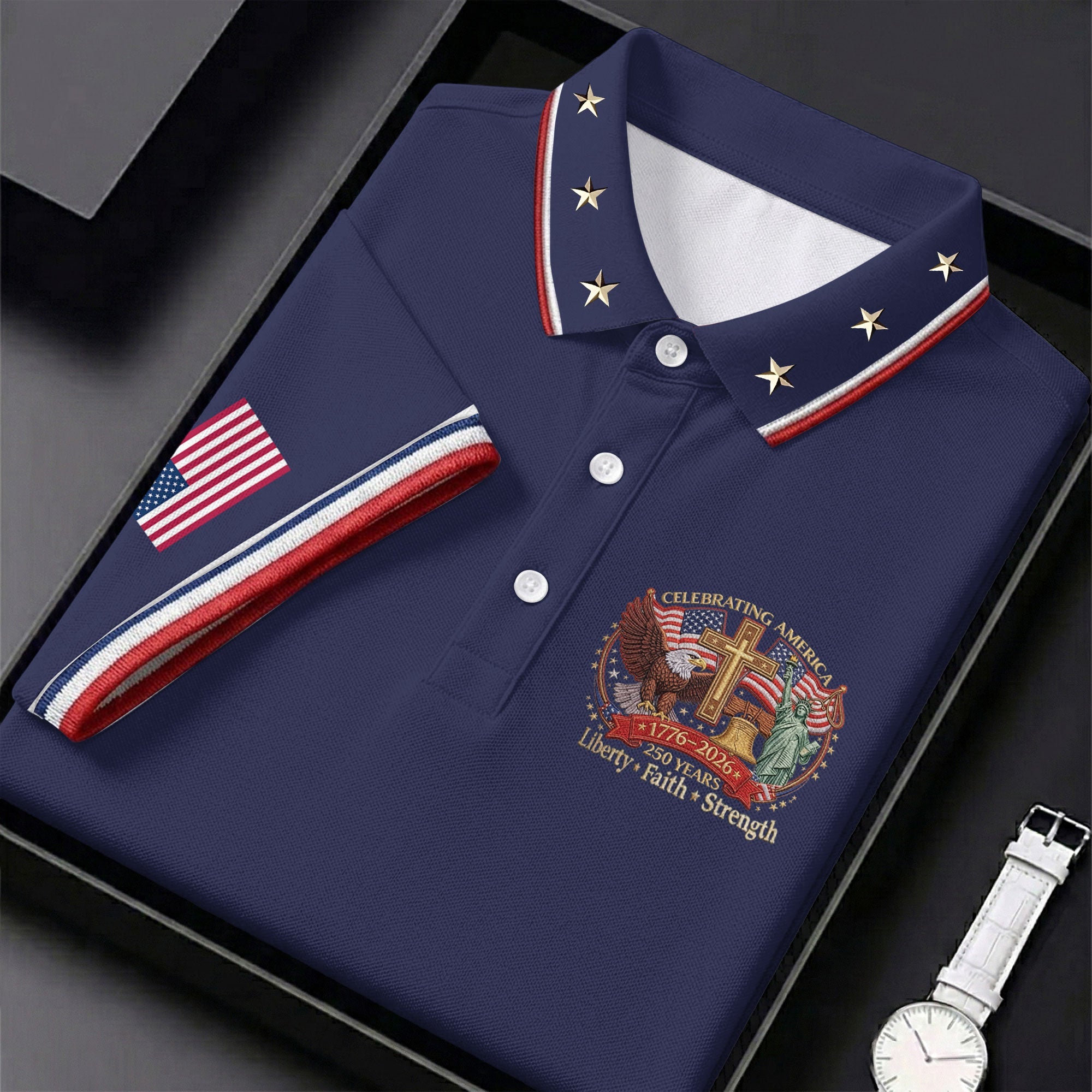 Liberty Faith Strength Faith Cross USA 250 Navy Golf Shirt, 4th Of July Golf Shirt For Women
