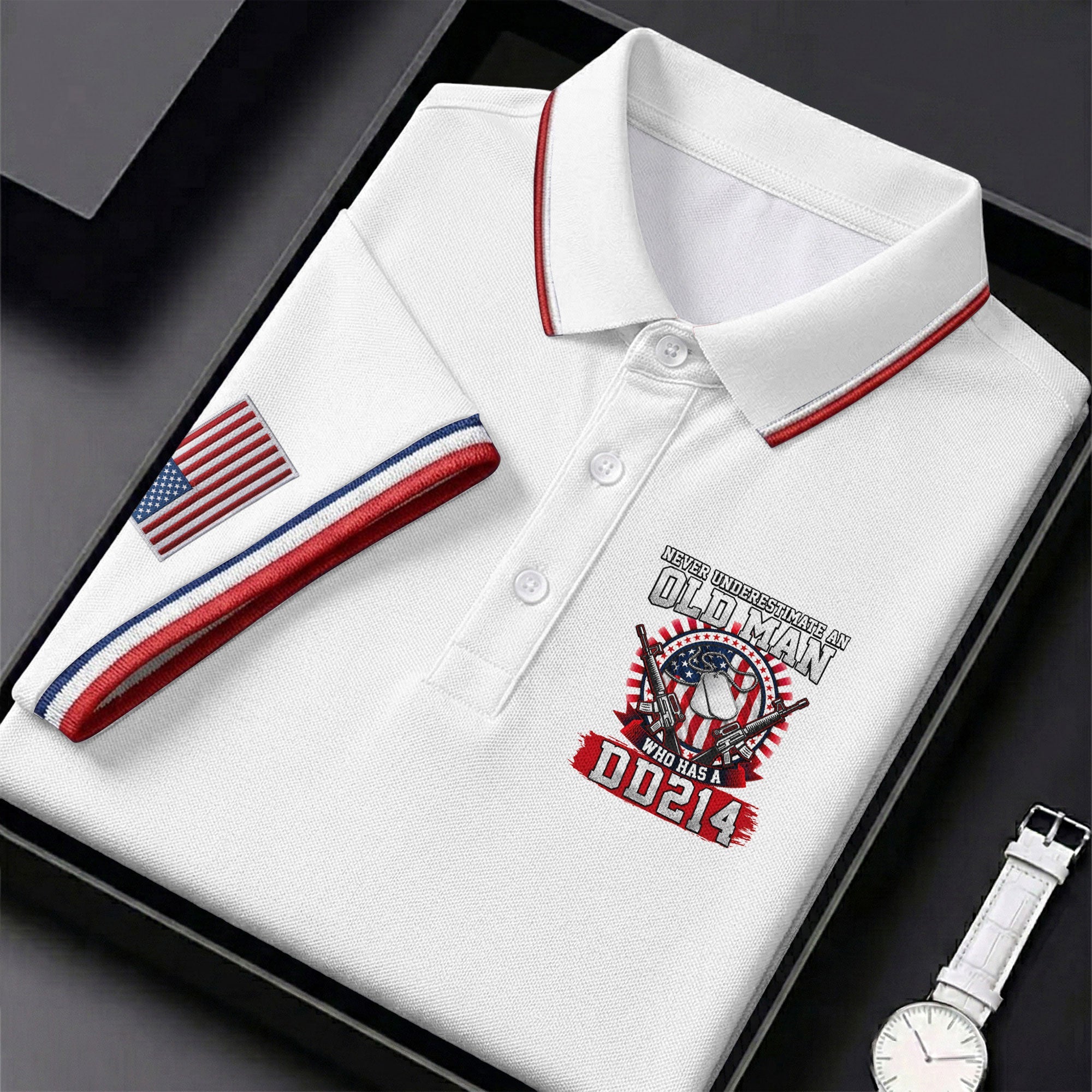 Never Underestimate An Old Man Who Was A DD214 Veterans Golf Shirts For Men, 250 Years Patriotic Golf Shirt