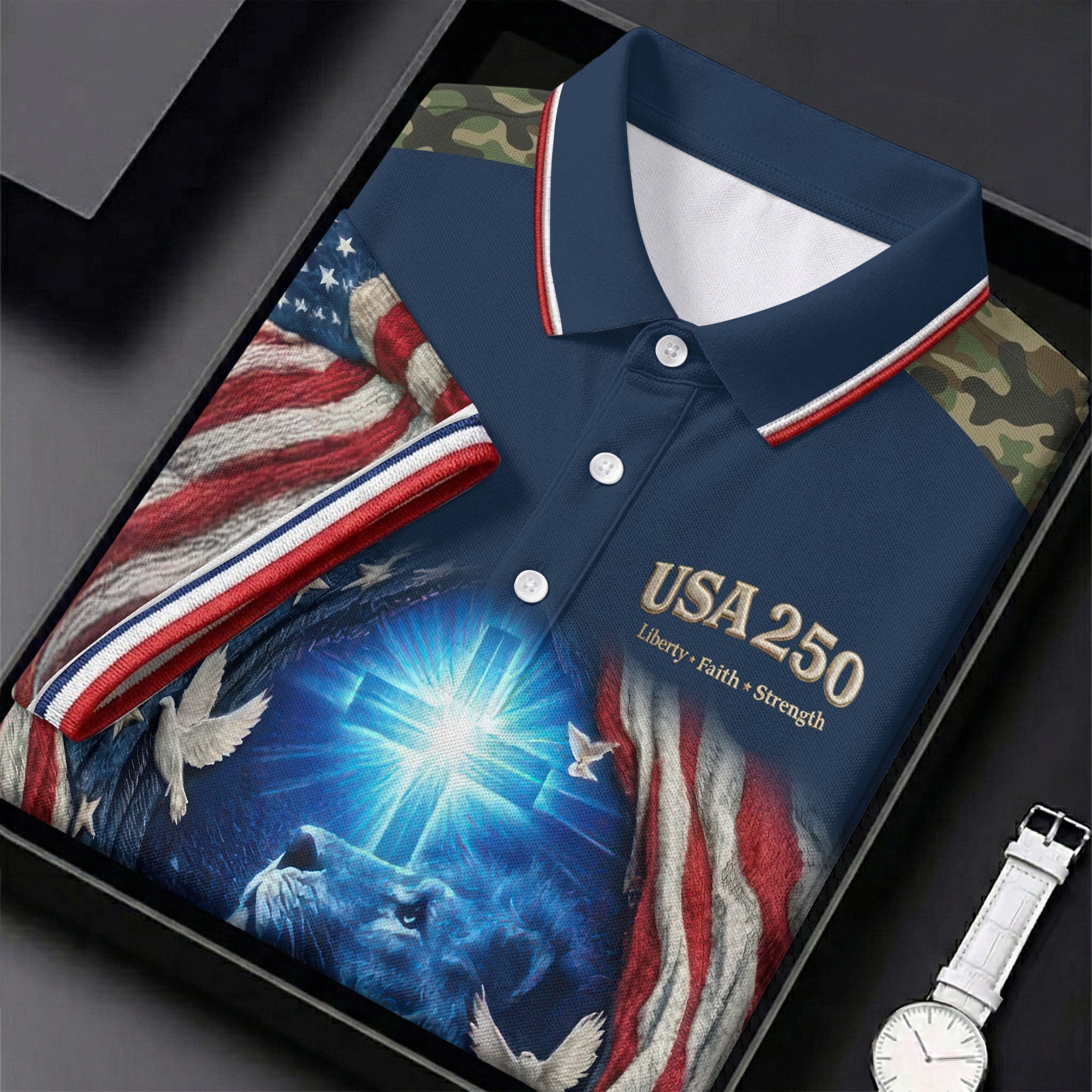 One Nation Under God Faith Cross USA 250 Navy Camo Golf Shirt, 4th Of July Golf Shirt For Women