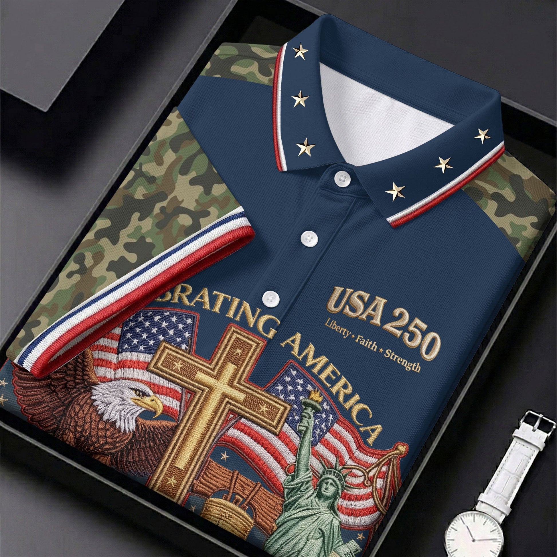 Liberty Faith Strength Faith Cross USA 250 Navy Camo Golf Shirt, 4th Of July Golf Shirts For Men