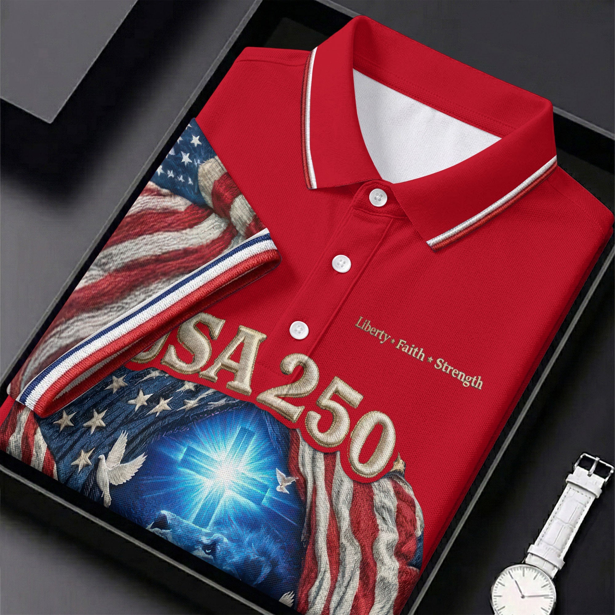 One Nation Under God Faith Cross USA 250 Red Golf Shirt, 4th Of July Golf Shirt For Women