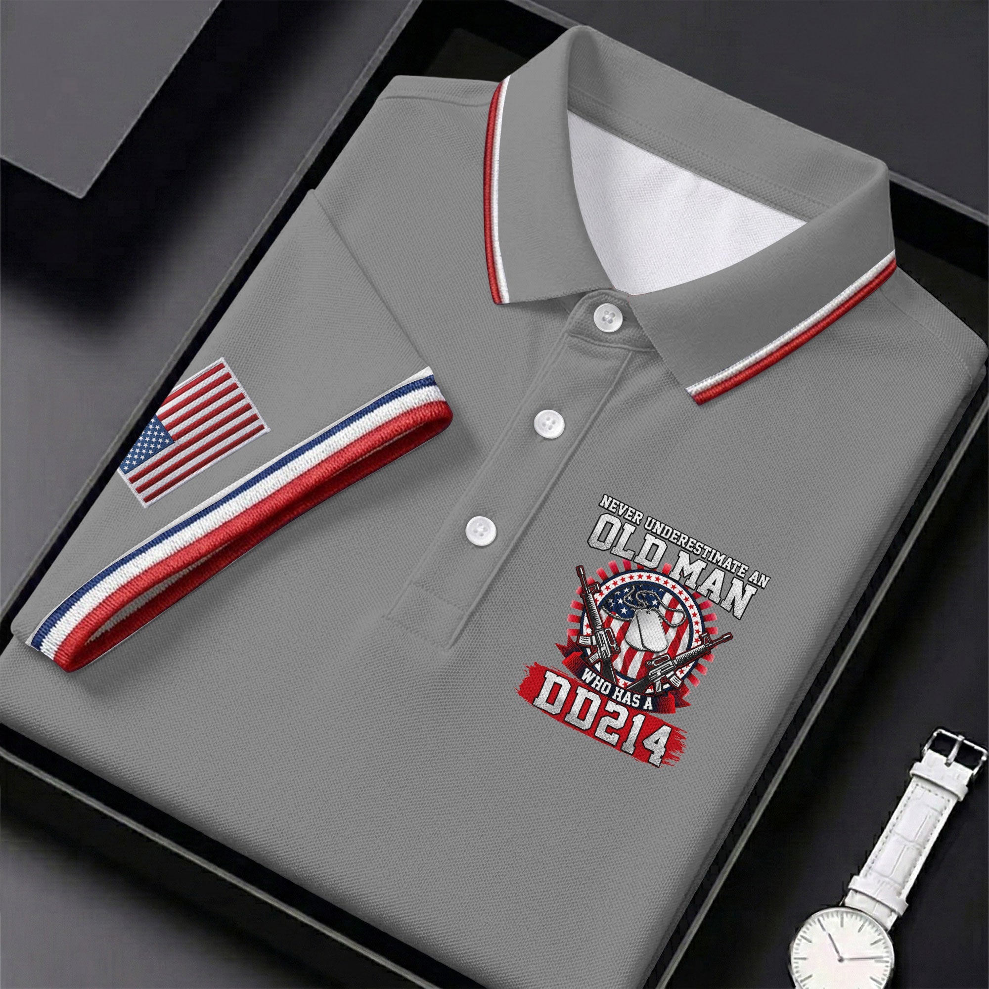 Never Underestimate An Old Man Who Was A DD214 Veterans Golf Shirts For Men, 250 Years Patriotic Golf Shirt