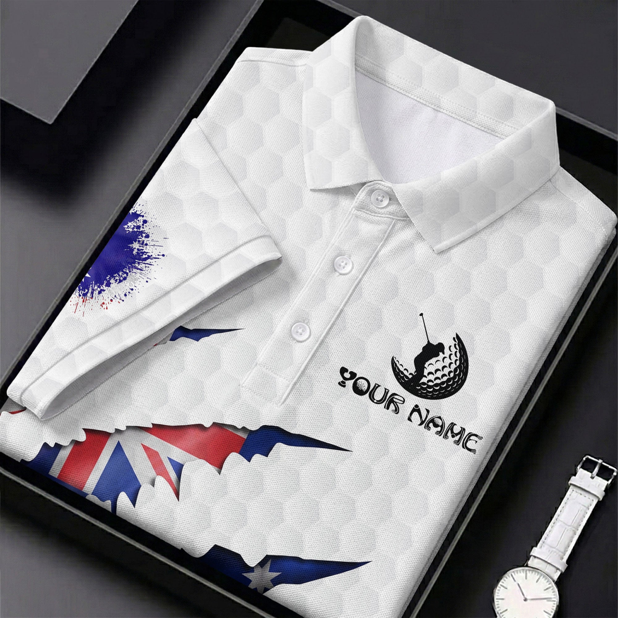 Golf Ball Pattern Australia Flag Print Scratch Effect Ladies Golf Tops, Golf Shirt For Women