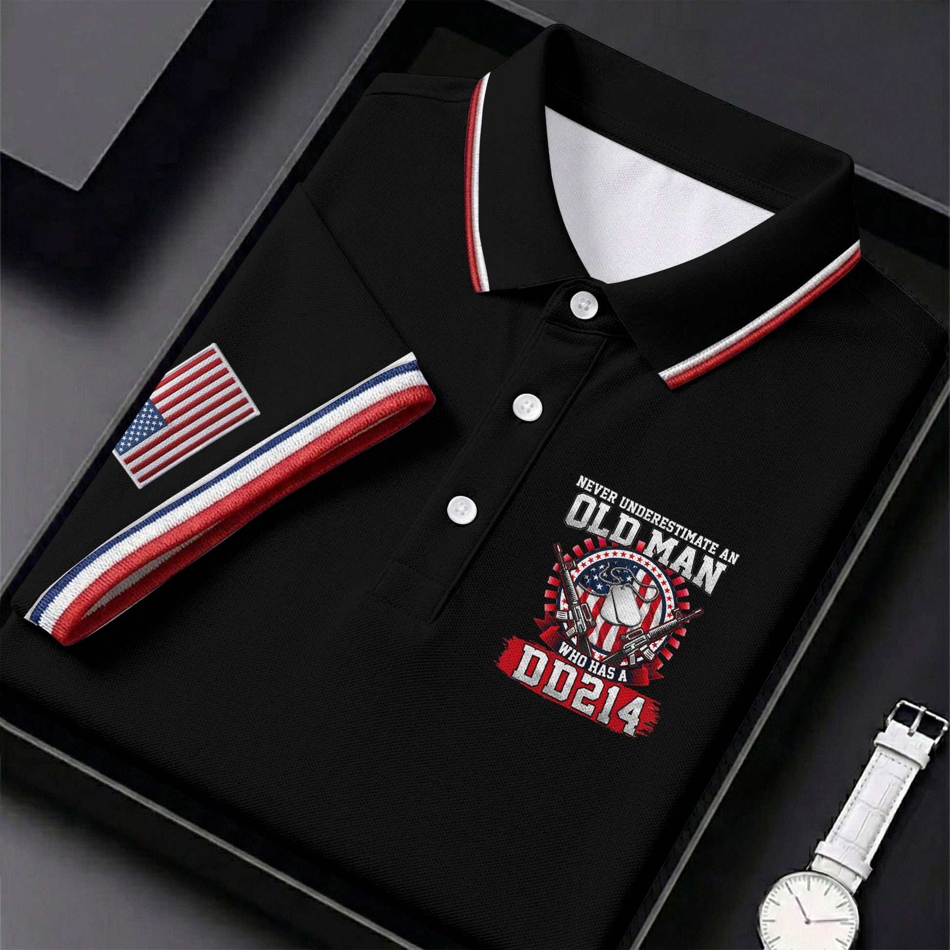 Never Underestimate An Old Man Who Was A DD214 Veterans Golf Shirts For Men, 250 Years Patriotic Golf Shirt