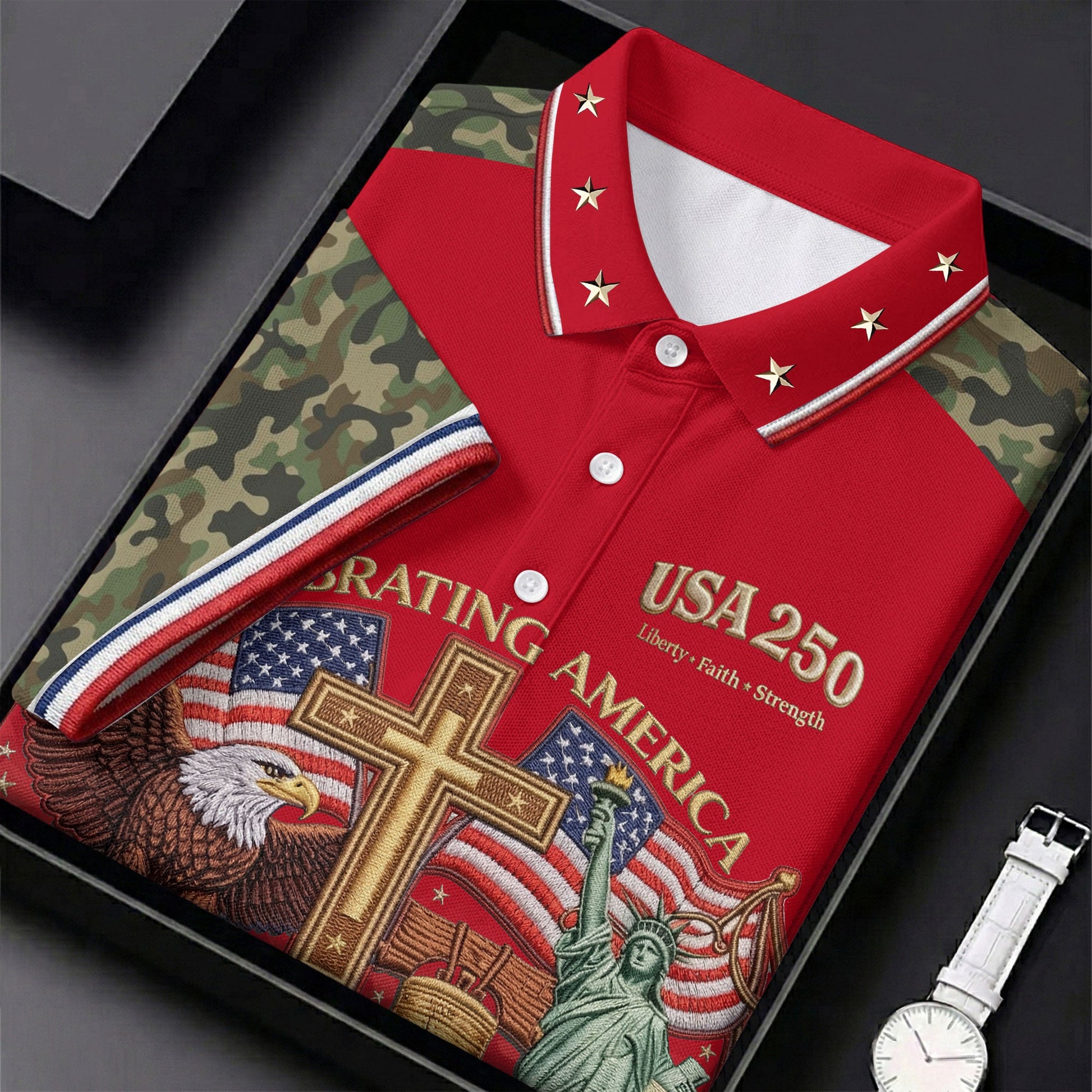 Liberty Faith Strength Faith Cross USA 250 Red Camo Golf Shirt, 4th Of July Golf Shirts For Men