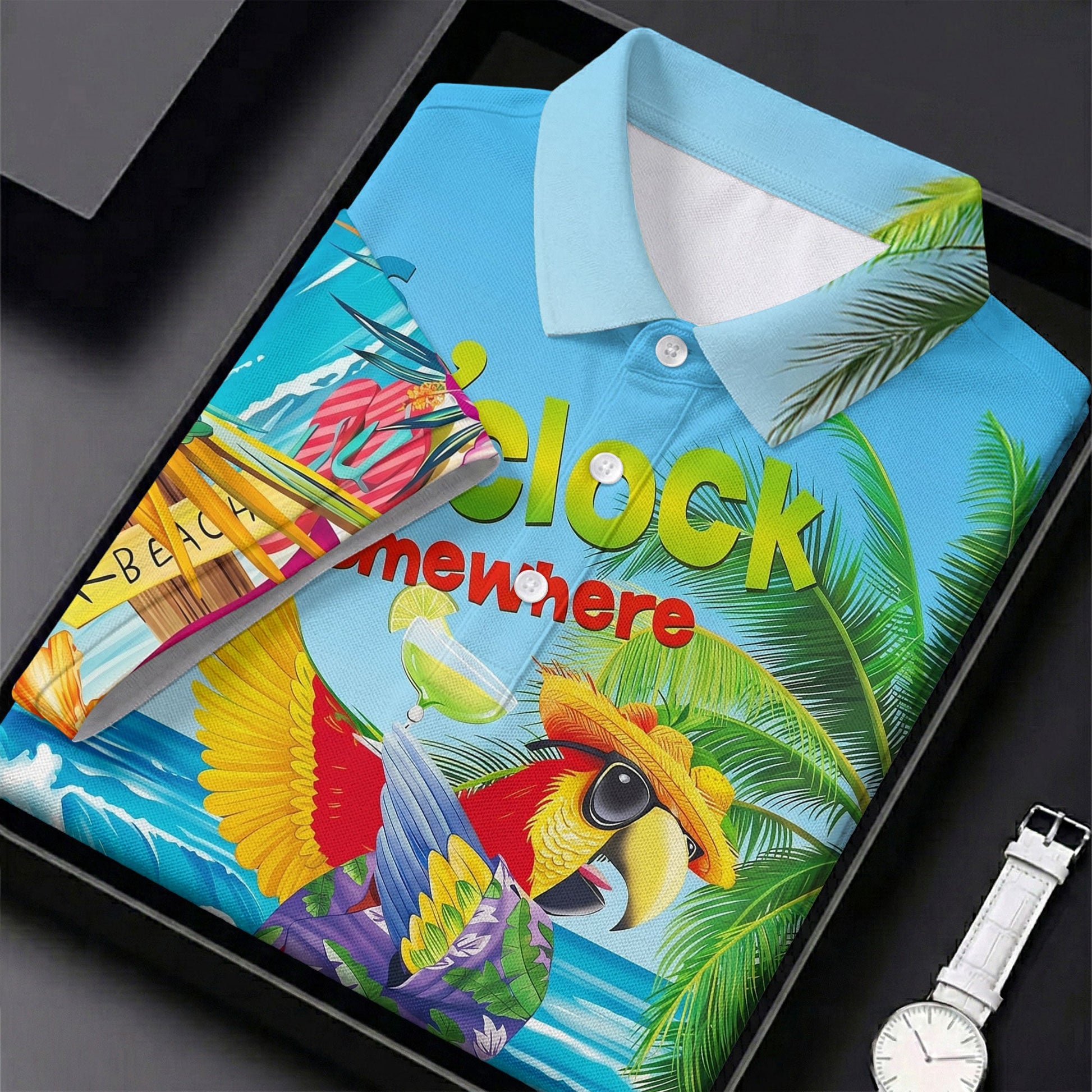 It's 5 O'Clock Somewhere Tropical Parrot Hawaiian Golf Shirt, Men's Funny Golf Shirts