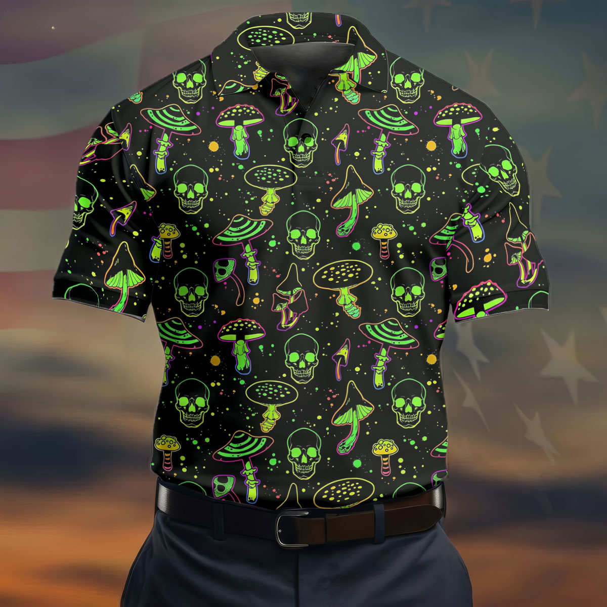 Mushroom And Skull Neon Pattern Hawaiian Golf Shirt, Men's Funny Golf Shirts