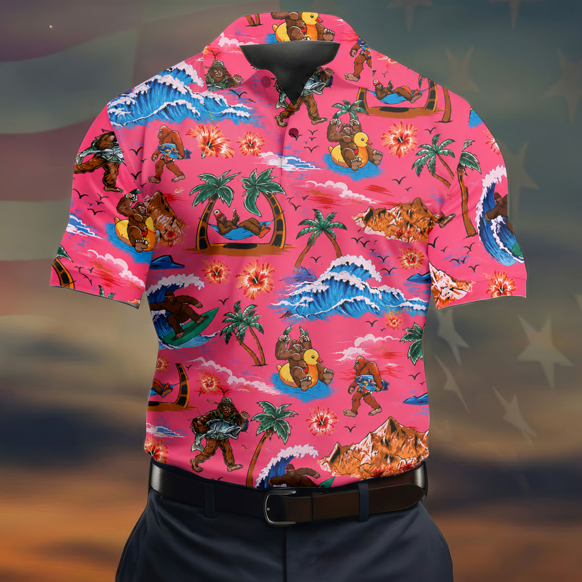 Pink Bigfoot Aloha Beach Vacation Golf Shirt, Mens Golf Polo, Printed Golf Shirts