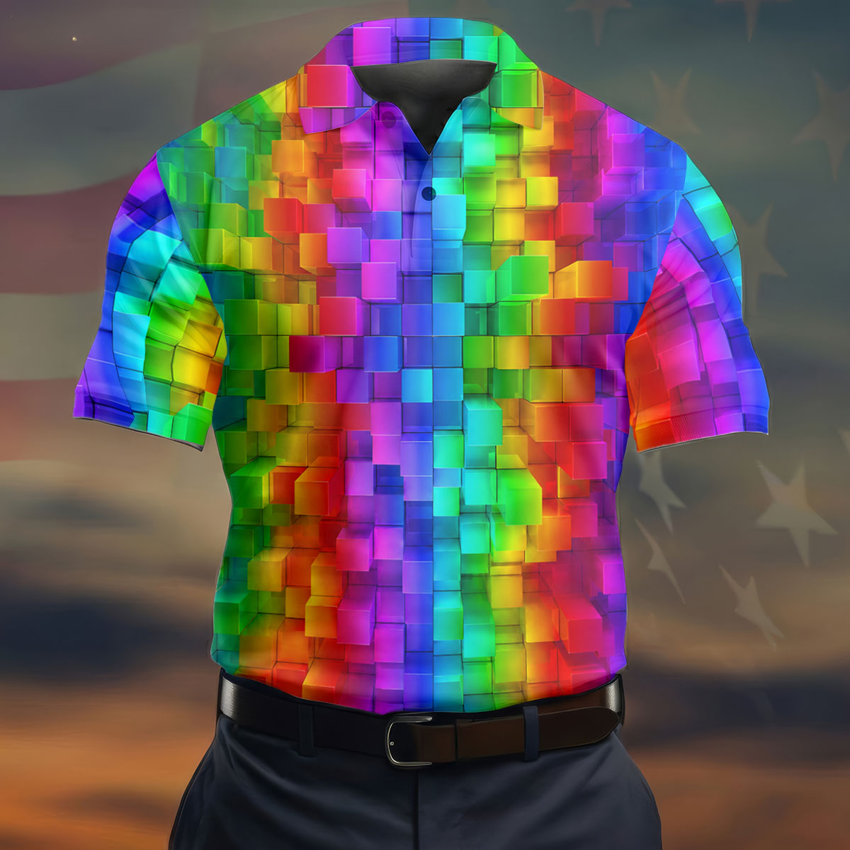 Rainbow Cube 3D Effect LGBT Support Golf Tops For Men, Gay Pride Month Celebrate Golf Shirts For Men