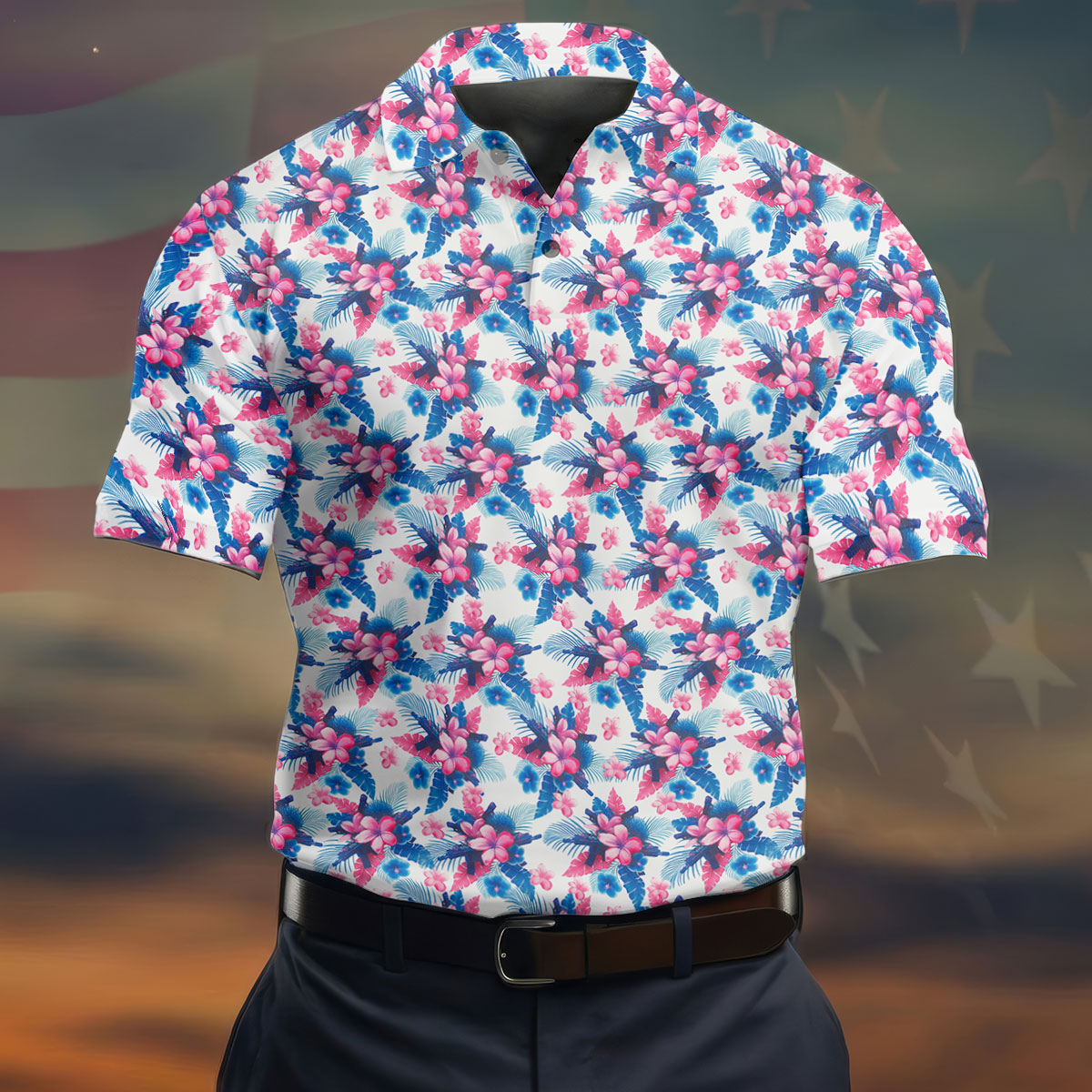 Pink Blue Tropical Floral Hawaiian Golf Shirt, Vibrant Color Golf Shirts For Men
