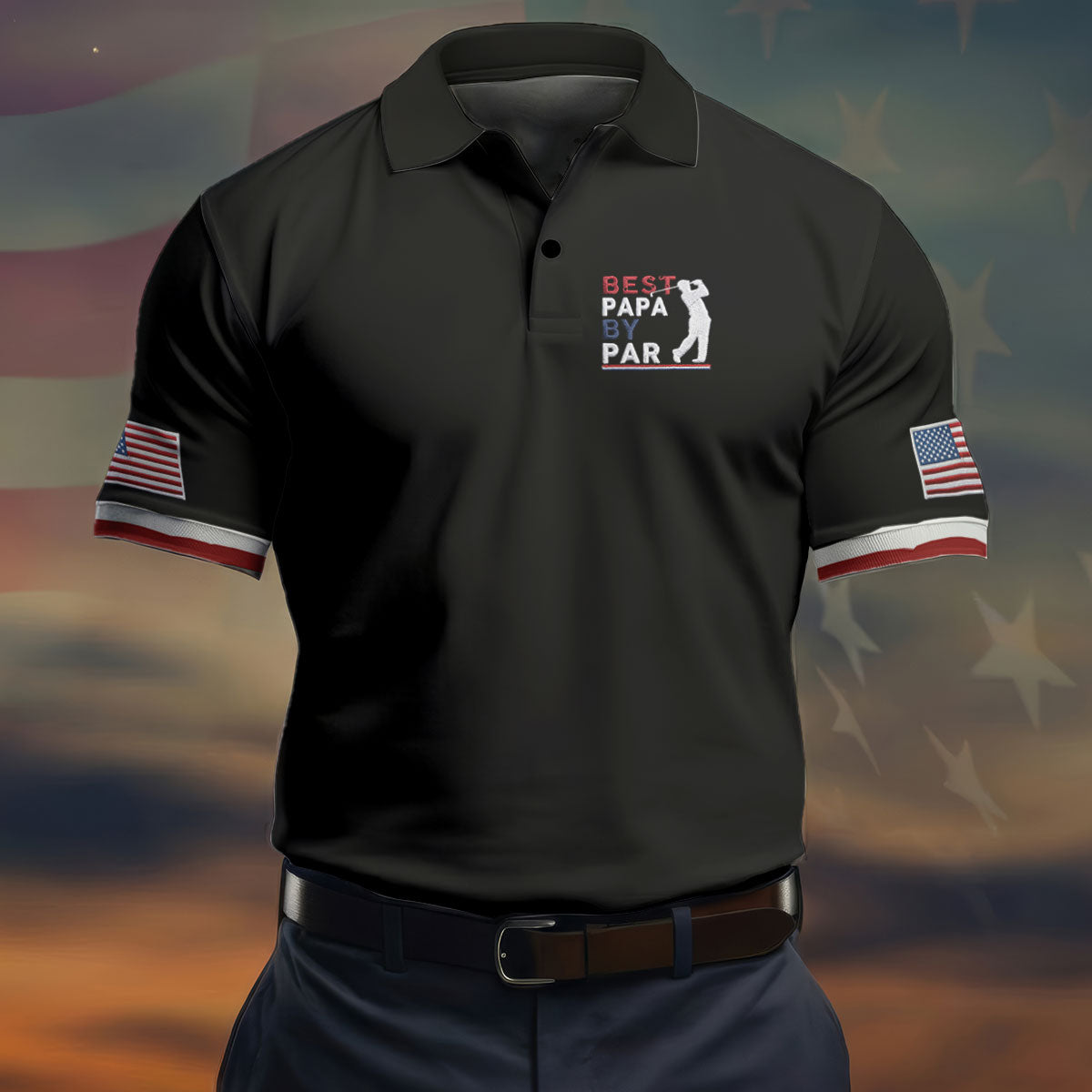 Black Best Papa By Par Embroidered Golf Polo Shirt, Mens Golf Apparel, Mens Golf Polo