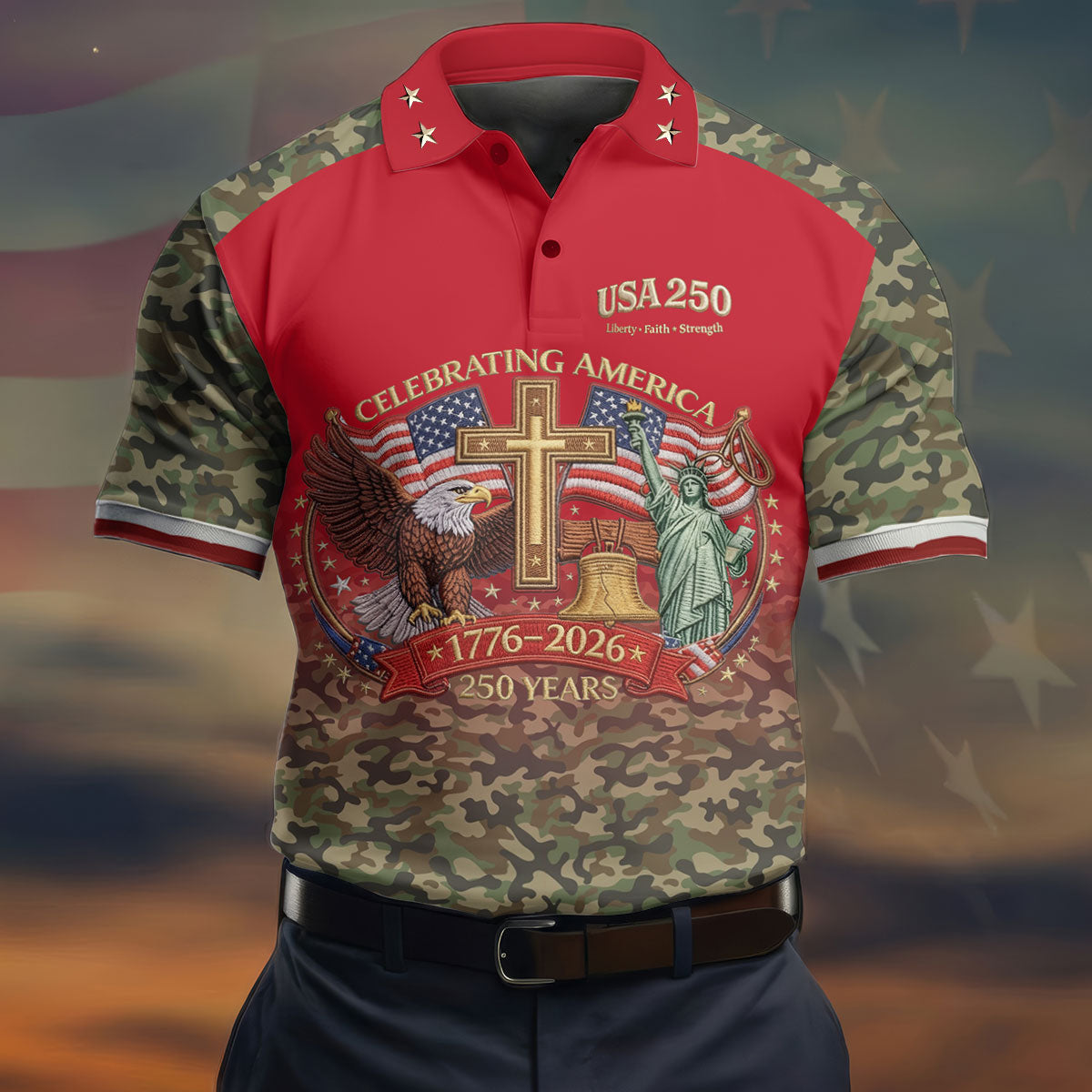 Liberty Faith Strength Faith Cross USA 250 Red Camo Golf Shirt, 4th Of July Golf Shirts For Men