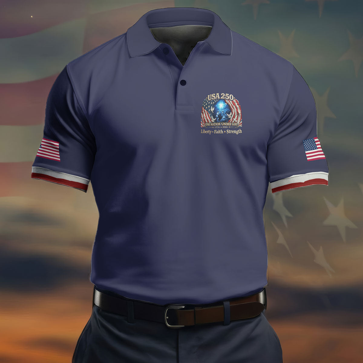 One Nation Under God Faith Cross USA 250 Logo Navy Golf Shirt, 4th Of July Golf Shirts For Men