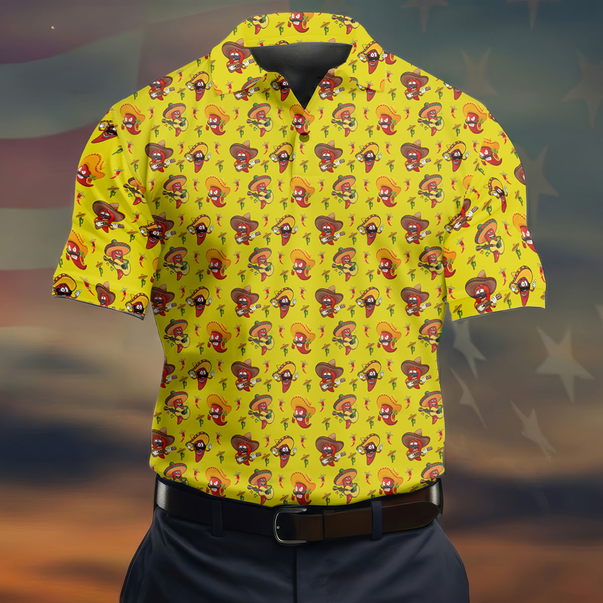 Cartoon Chili Pepper Mexican Sombrero Cinco De Mayo Celebration Fiesta Themed Golf Shirts For Men
