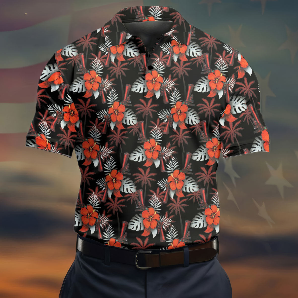 Orange Hibiscus Black Hawaiian Golf Shirt, Summer Vibe Golf Shirts For Men