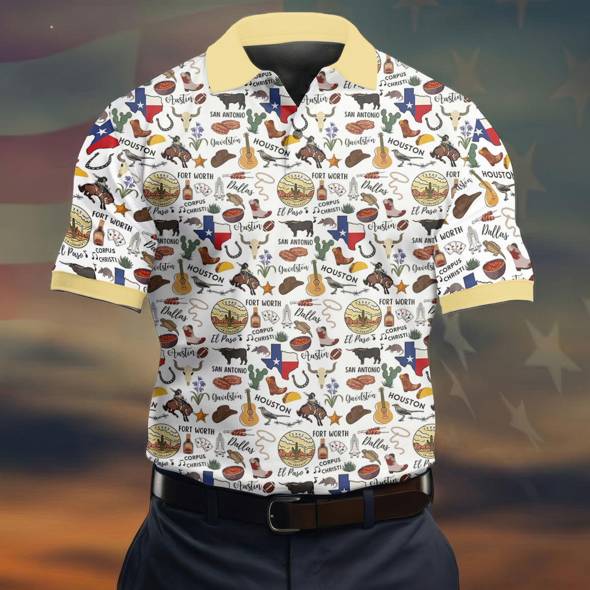 Texas Symbols Western Theme Doodle Style Golf Tops For Men, Polo Shirts For Men, Golf Shirts For Men