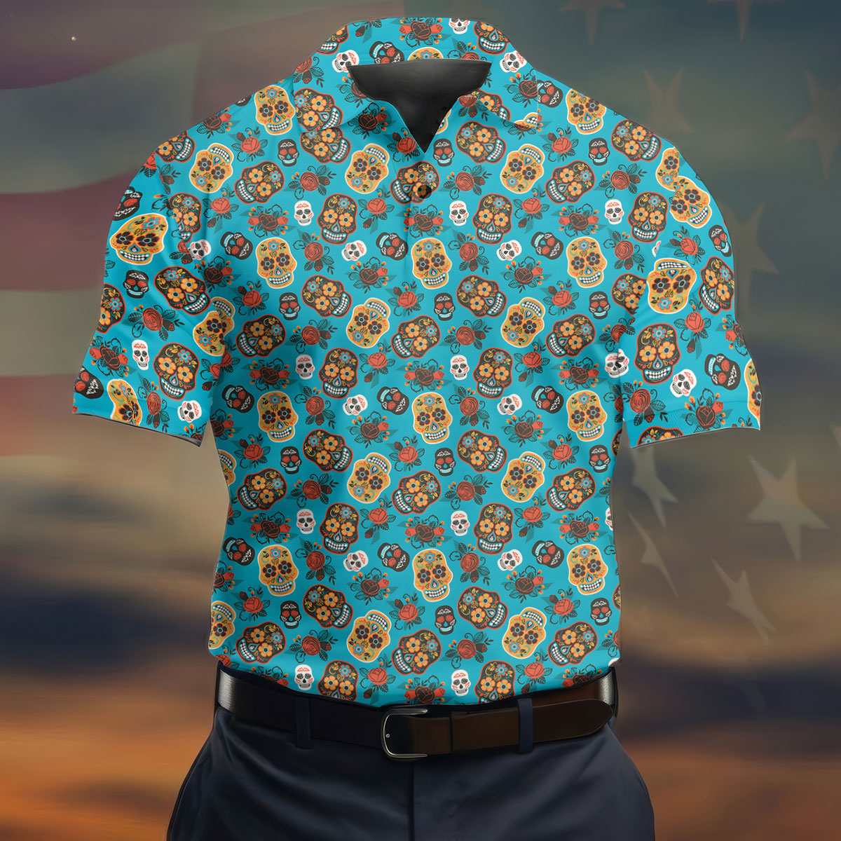 Sugar Skulls And Roses Cinco De Mayo Celebration Fiesta Themed Golf Shirts For Men