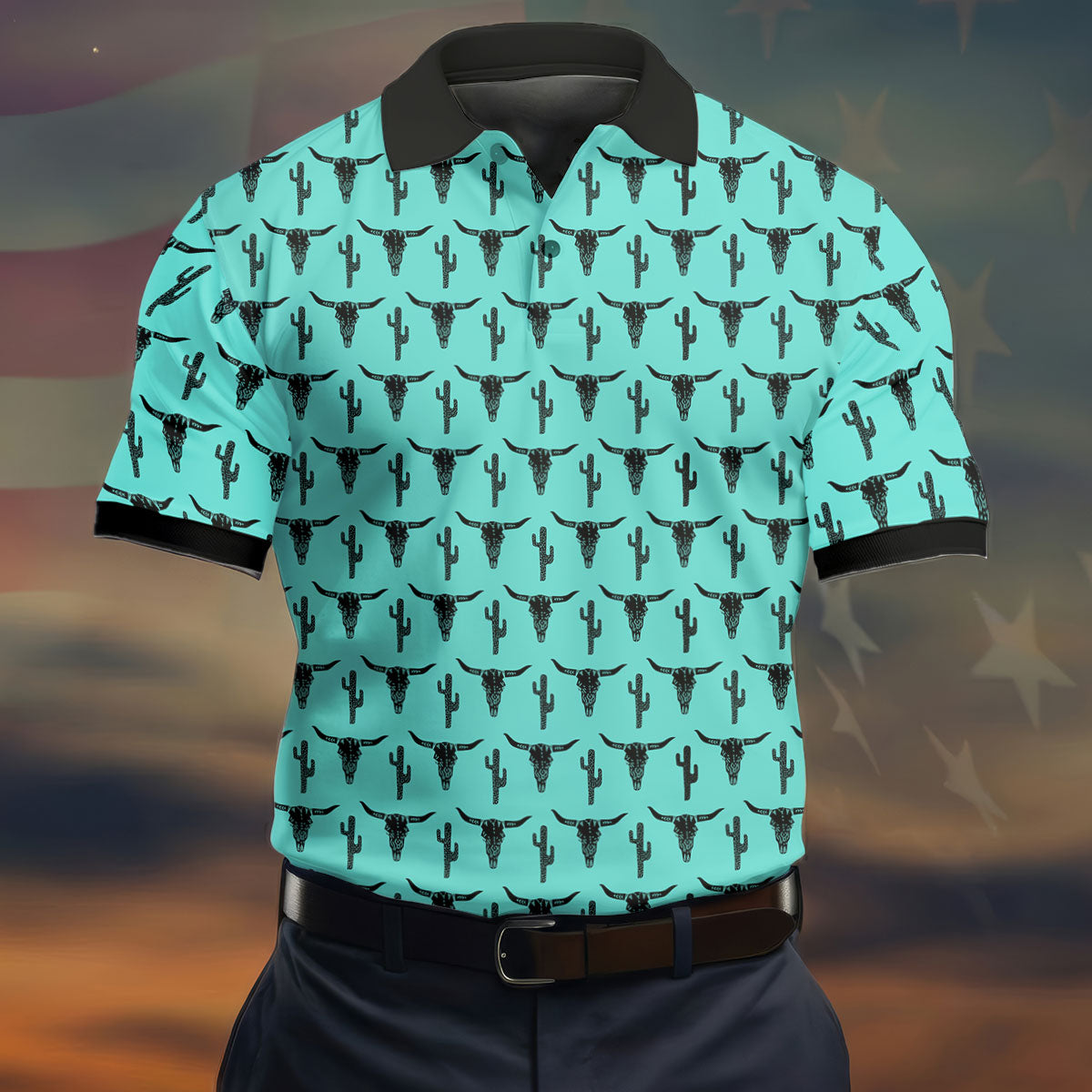 Longhorn Cow Skull Western Theme Peacock Blue Golf Tops For Men, Polo Shirts For Men, Golf Shirts For Men