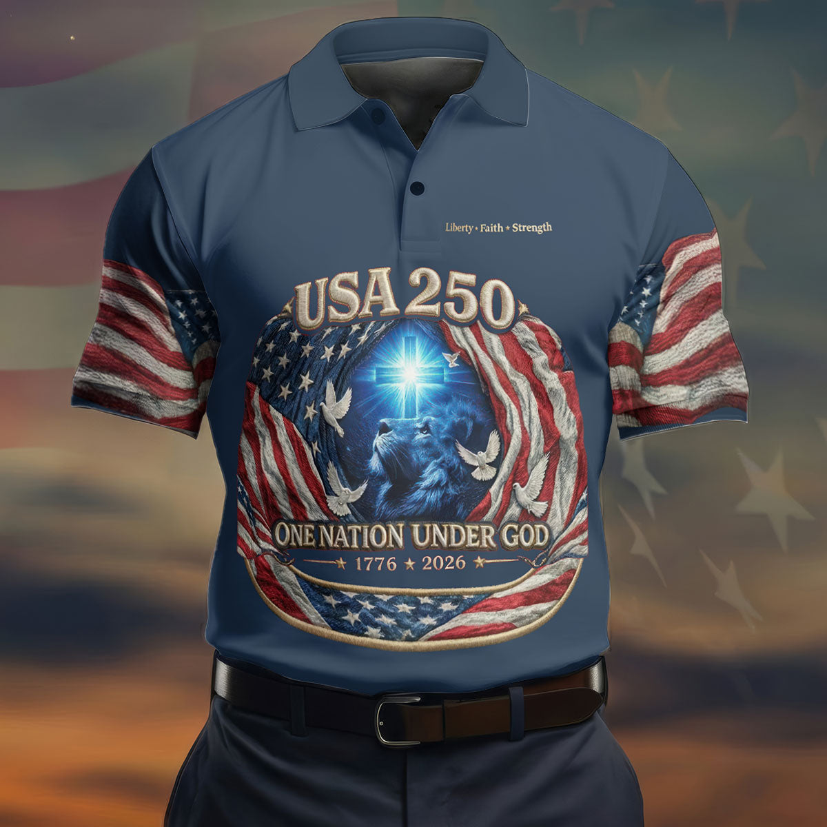 One Nation Under God Faith Cross USA 250 Navy Golf Shirt, 4th Of July Golf Shirts For Men