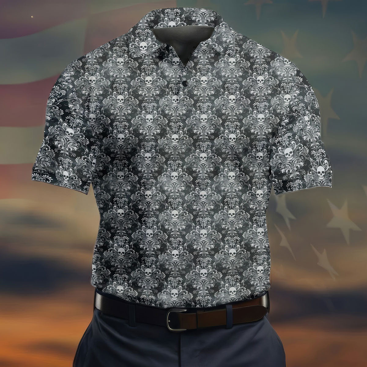 Skull Damask Charcoal Grey Gothic Floral Golf Tops For Men, Polo Shirts For Men, Golf Shirts For Men