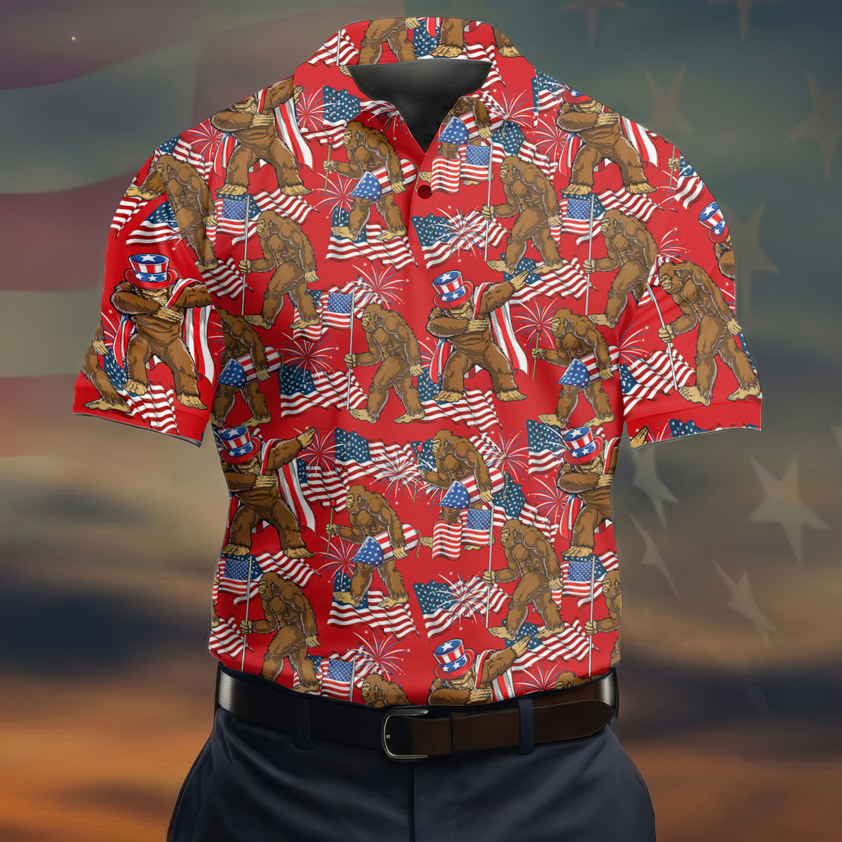 US Flag Pattern 250 Years Bigfoot Golf Shirt, Patriotic 4th Of July Golf Shirts For Men