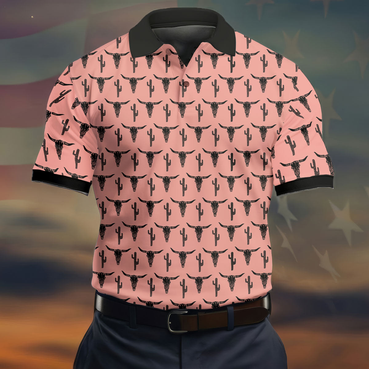 Longhorn Cow Skull Western Theme Peach Pink Golf Tops For Men, Polo Shirts For Men, Golf Shirts For Men