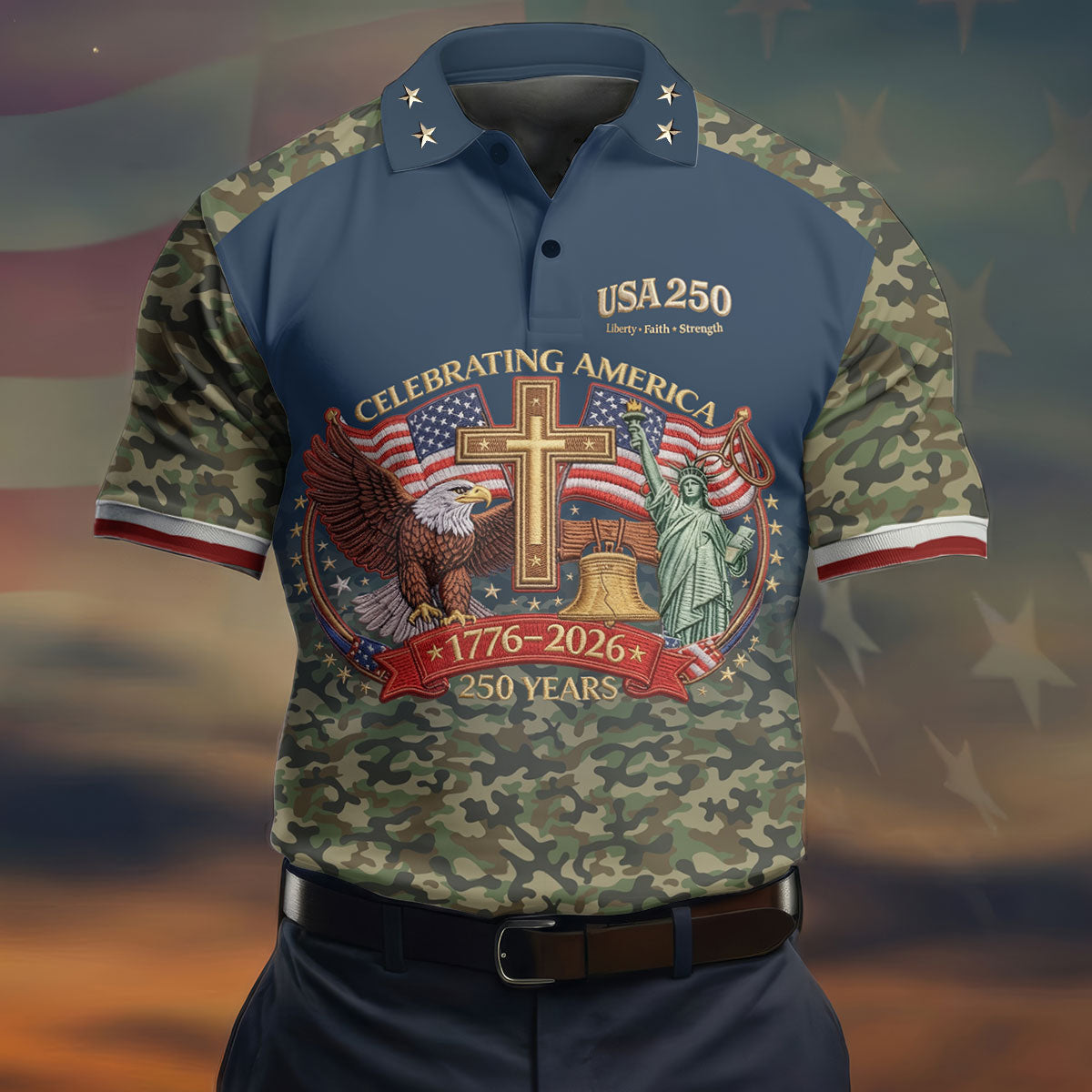 Liberty Faith Strength Faith Cross USA 250 Navy Camo Golf Shirt, 4th Of July Golf Shirts For Men