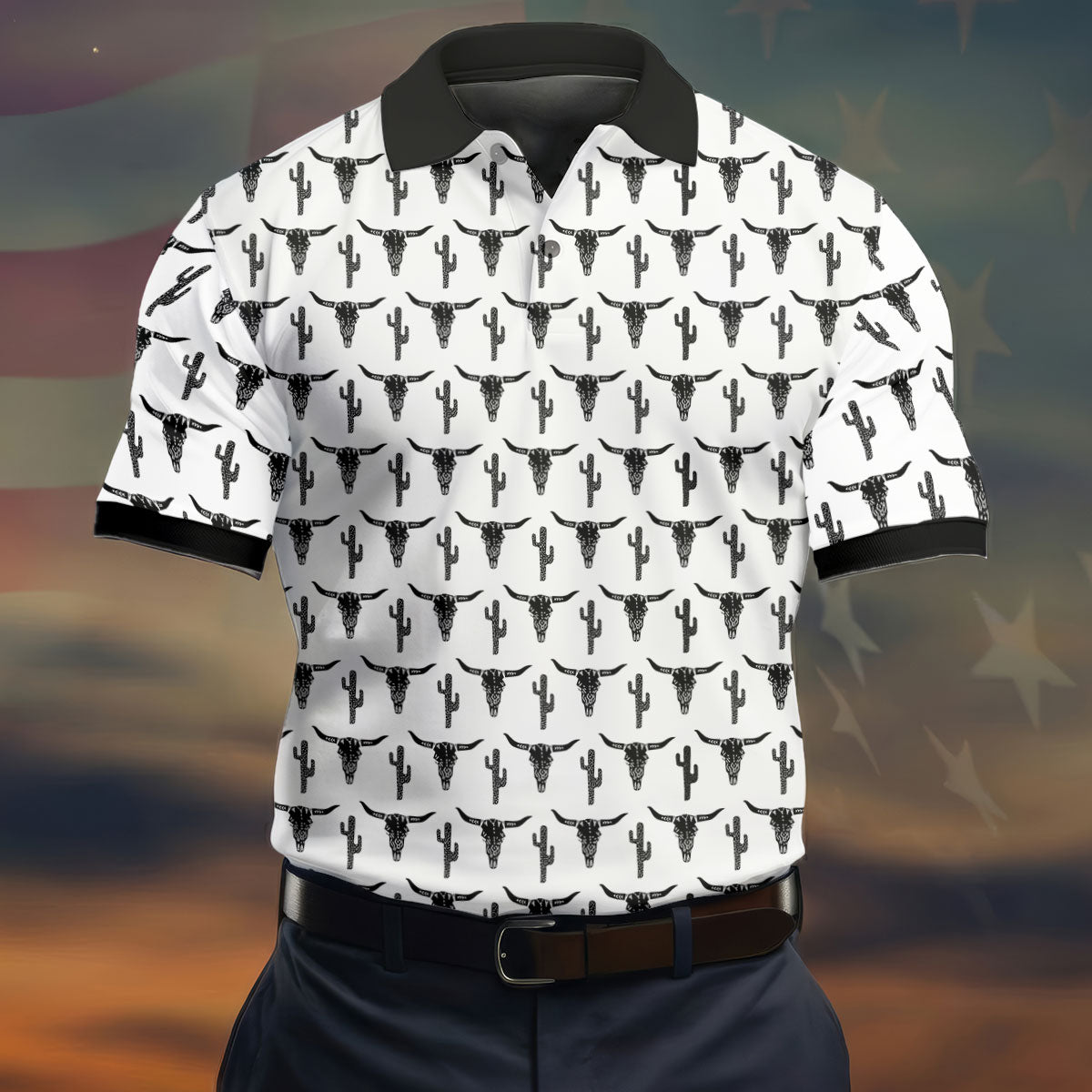 Longhorn Cow Skull Western Theme White Golf Tops For Men, Polo Shirts For Men, Golf Shirts For Men