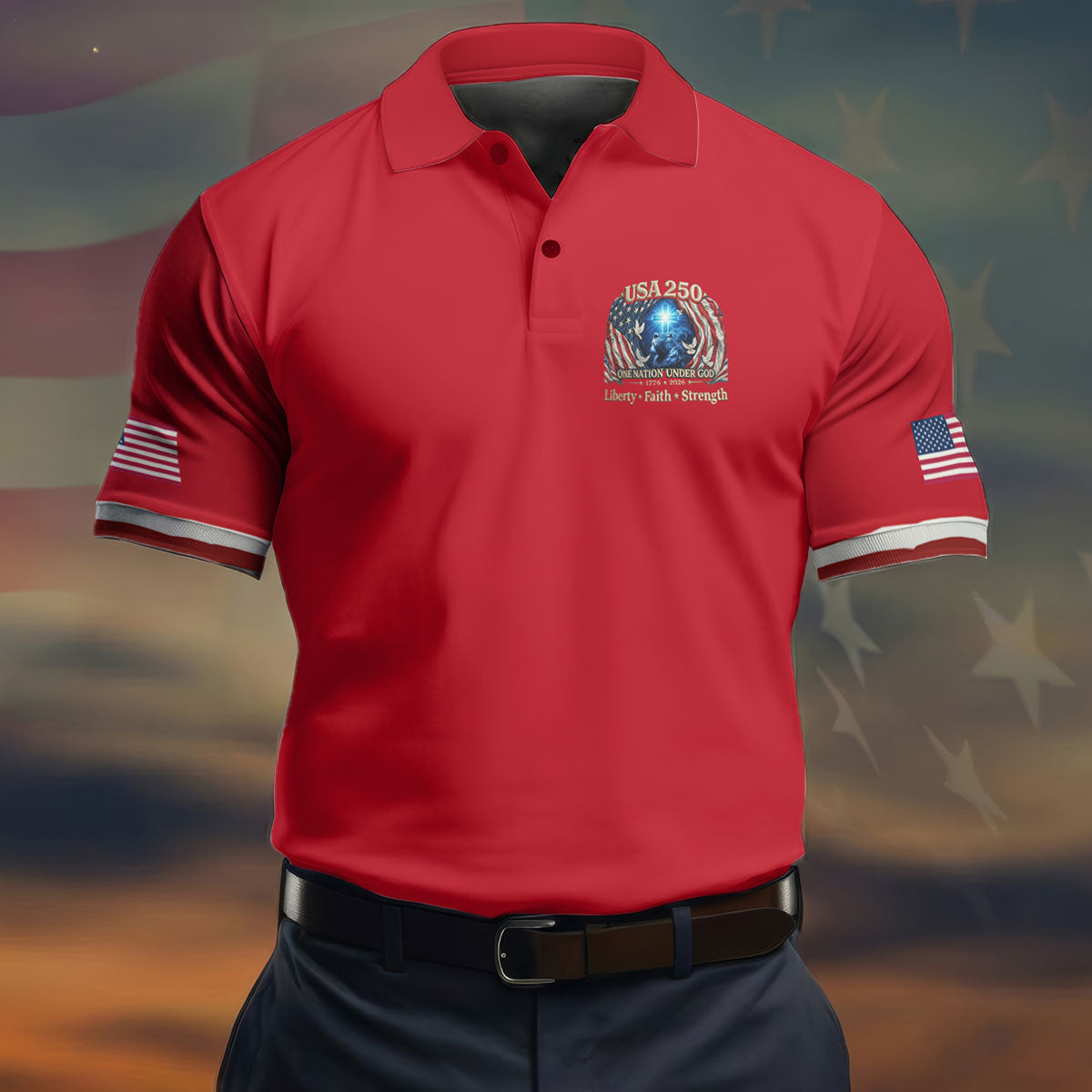 One Nation Under God Faith Cross USA 250 Logo Red Golf Shirt, 4th Of July Golf Shirts For Men