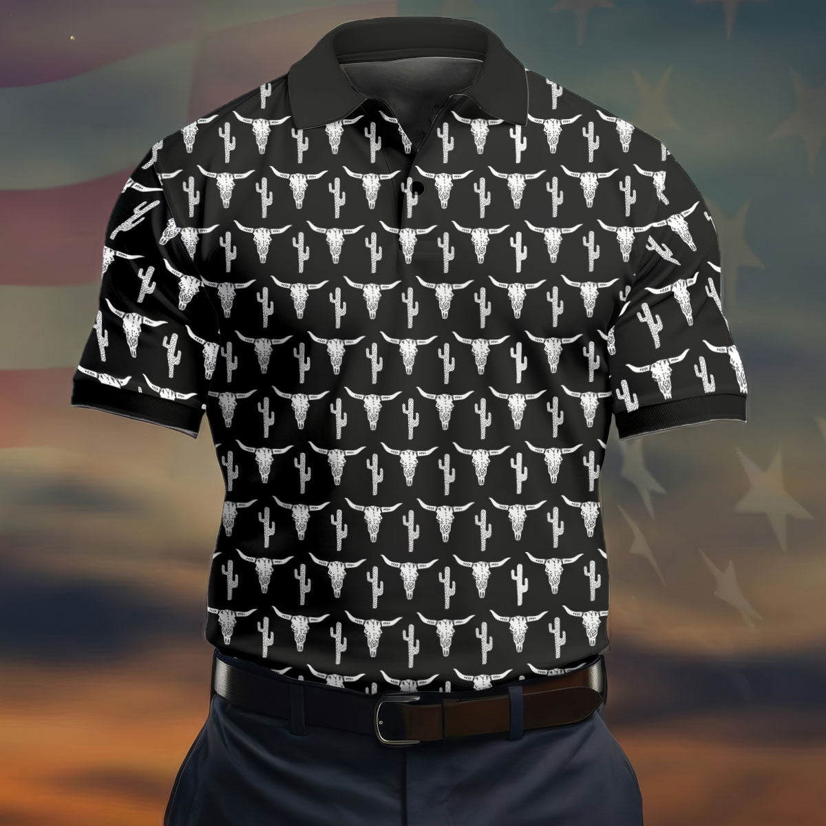 Longhorn Cow Skull Western Theme Black Golf Tops For Men, Polo Shirts For Men, Golf Shirts For Men