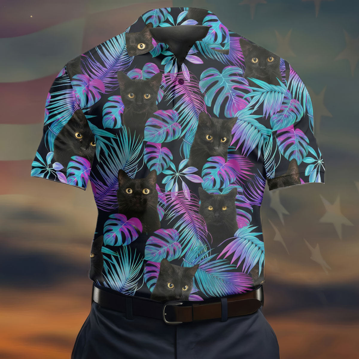 Funny Black Cat Purple Blue Gradient Hawaiian Golf Shirt, Golf Shirts For Men