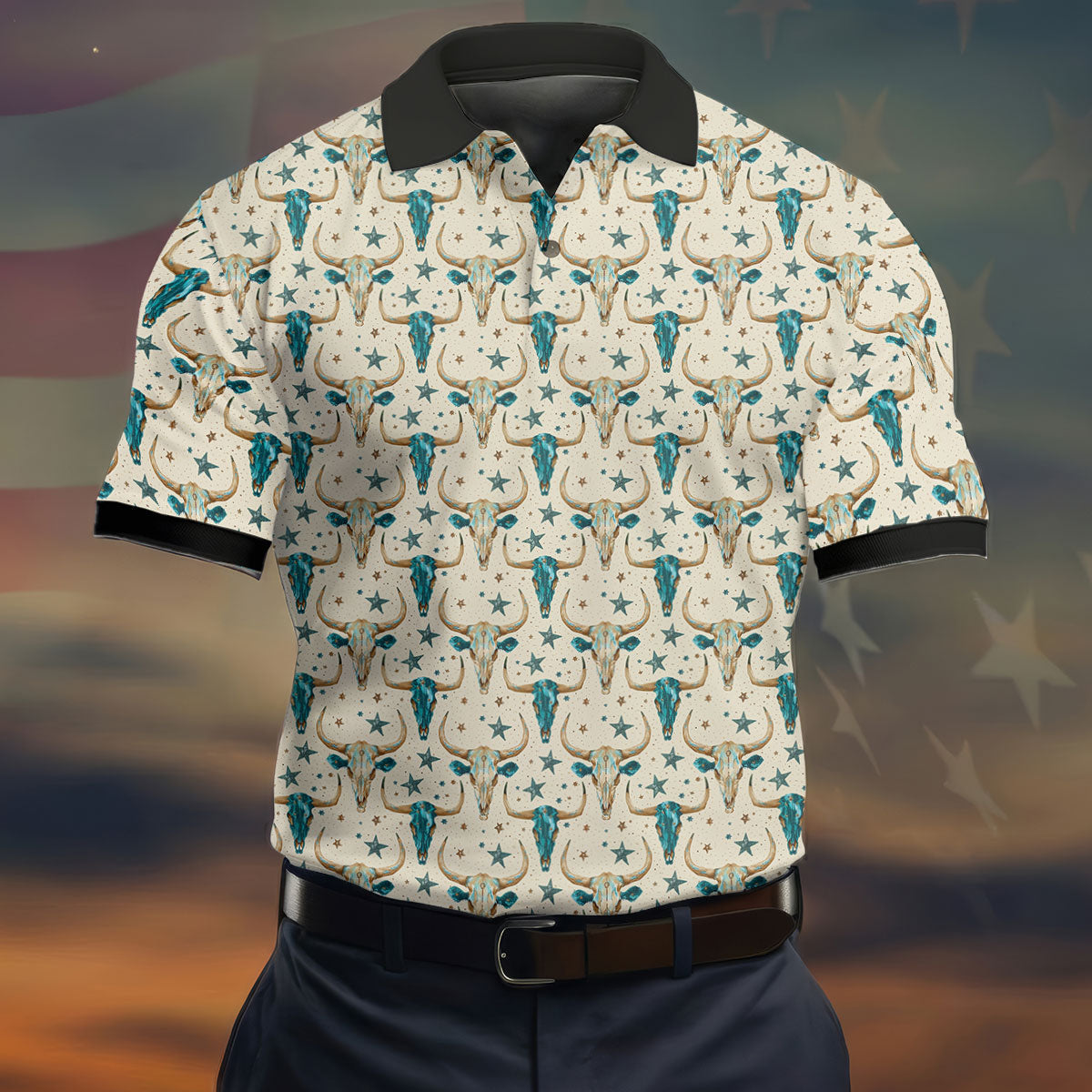 Cow Skulls Turquoise And Beige Western Theme Golf Tops For Men, Polo Shirts For Men, Golf Shirts For Men