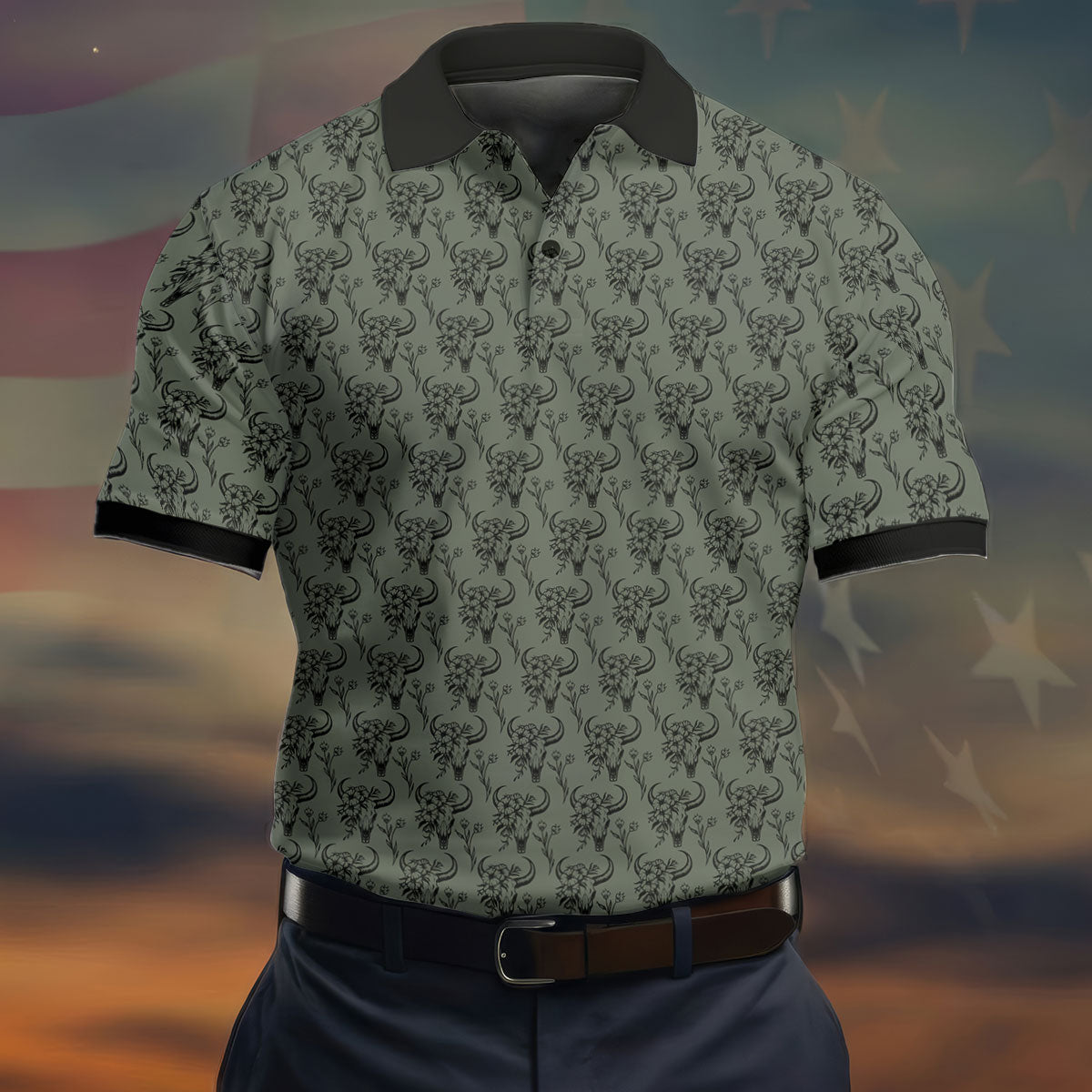 Cow Skull With Flowers Western Theme Forest Green Golf Tops For Men, Polo Shirts For Men, Golf Shirts For Men