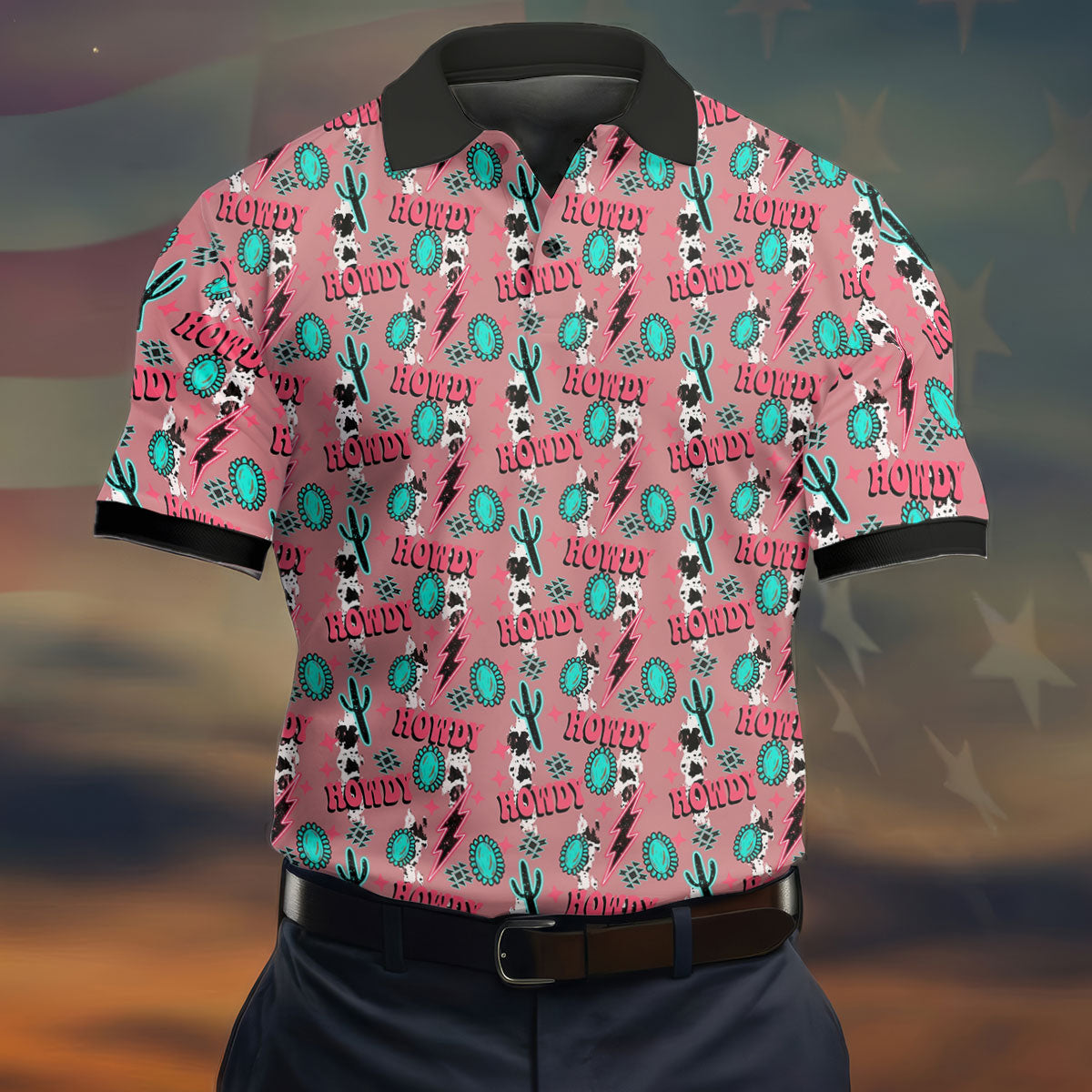 Howdy Pink Lightning Bolts Western Theme Golf Tops For Men, Polo Shirts For Men, Golf Shirts For Men