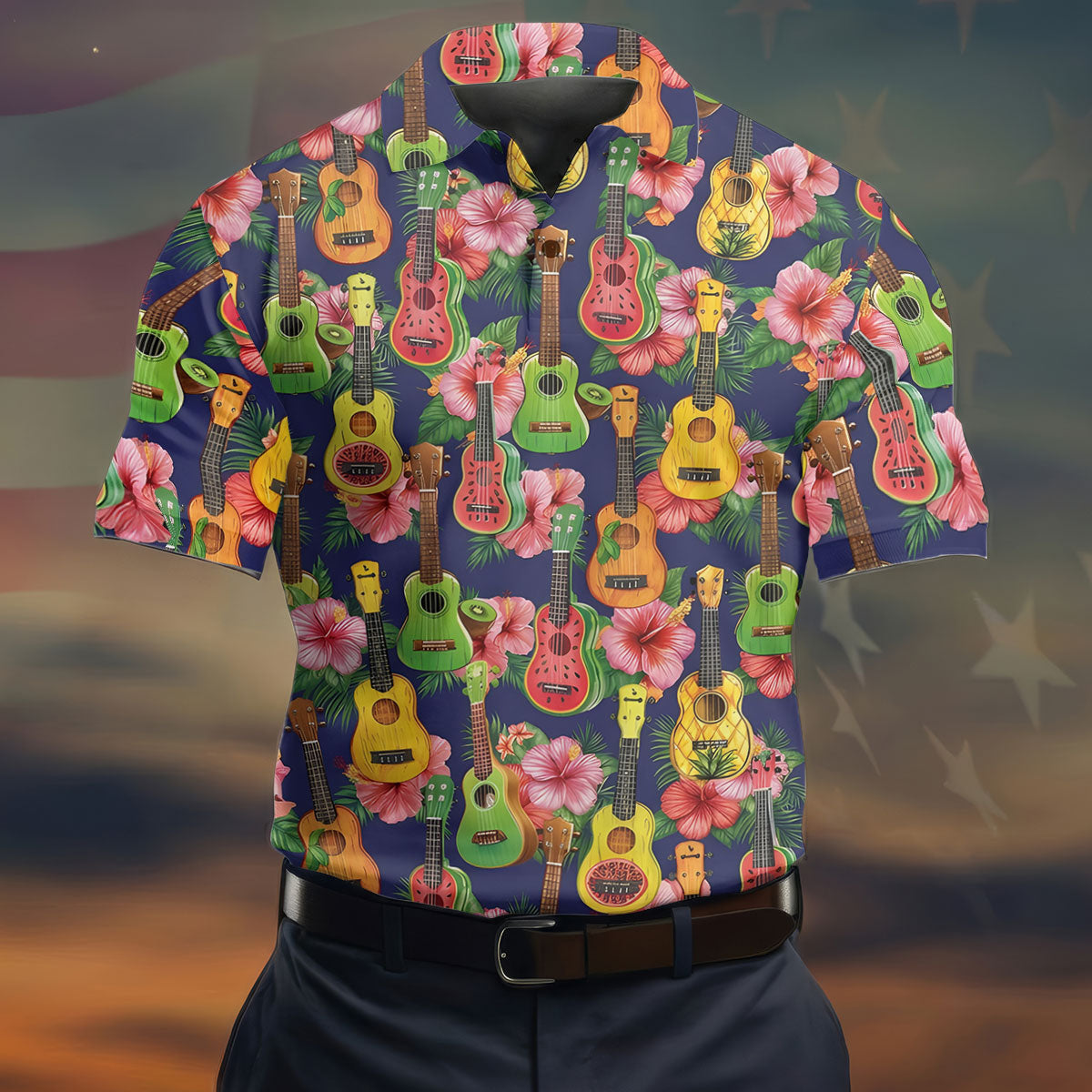 Tropical Ukulele Fruit Pattern 250 Retro Golf Shirt, Hawaiian Vibe Golf Shirts For Men