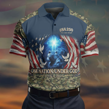 One Nation Under God Faith Cross USA 250 Navy Camo Golf Shirt, 4th Of July Golf Shirts For Men
