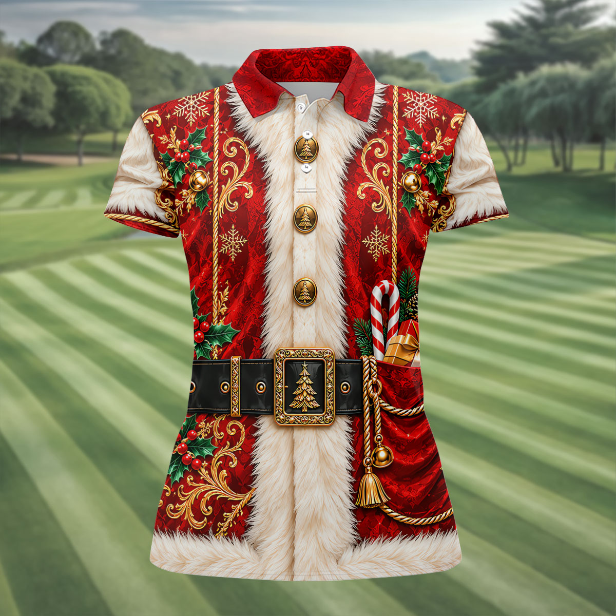 Ornate Santa Suit Christmas Golf Shirt, Womens Golf Apparel, Golf Gifts For Women