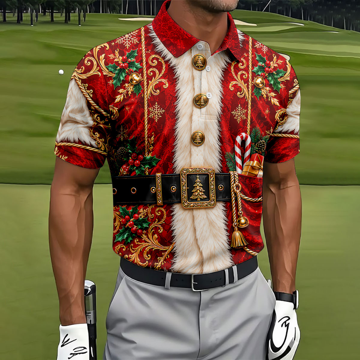Ornate Santa Suit Christmas Golf Shirt, Golf Shirts For Men, Mens Holiday Golf Shirts