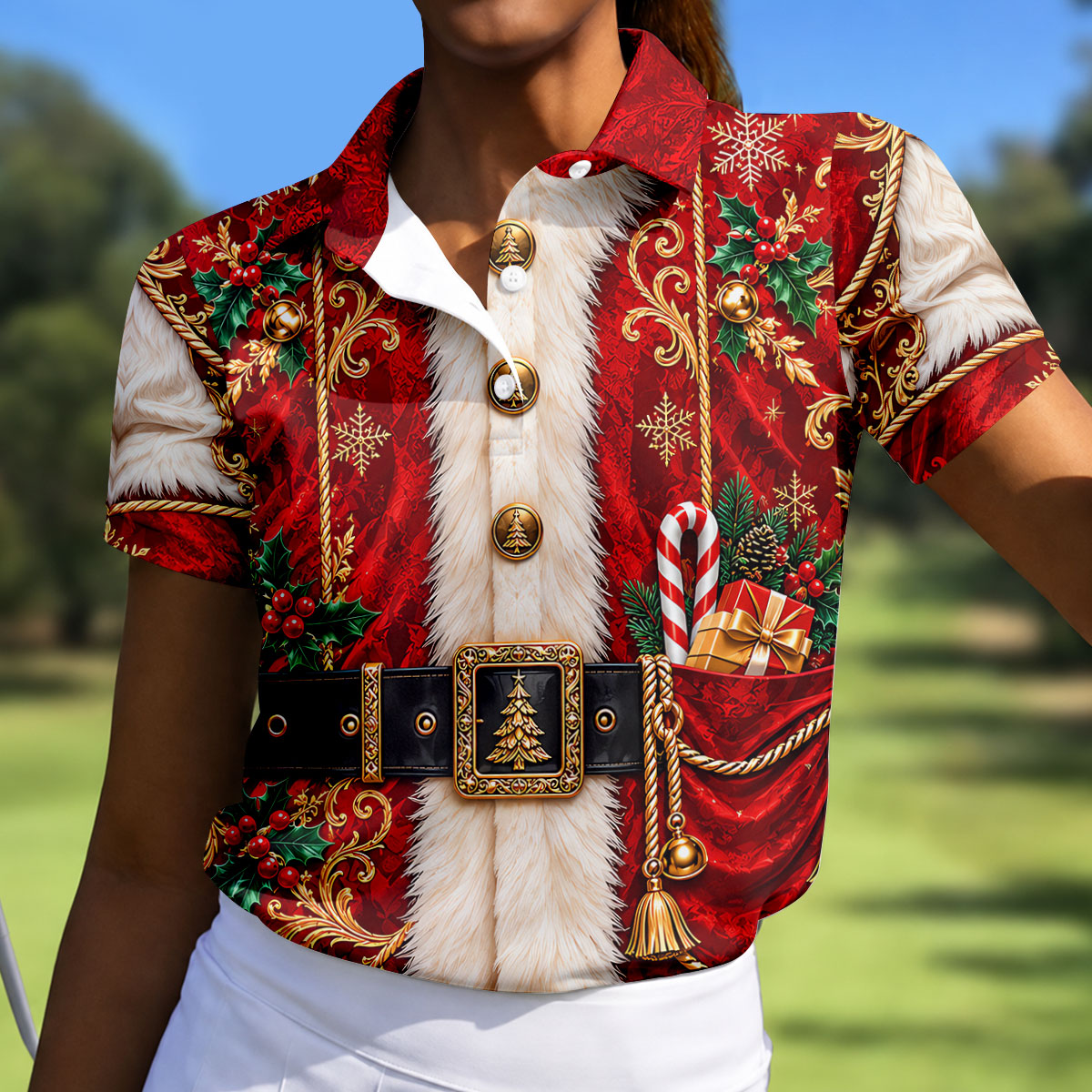 Ornate Santa Suit Christmas Golf Shirt, Womens Golf Apparel, Golf Gifts For Women
