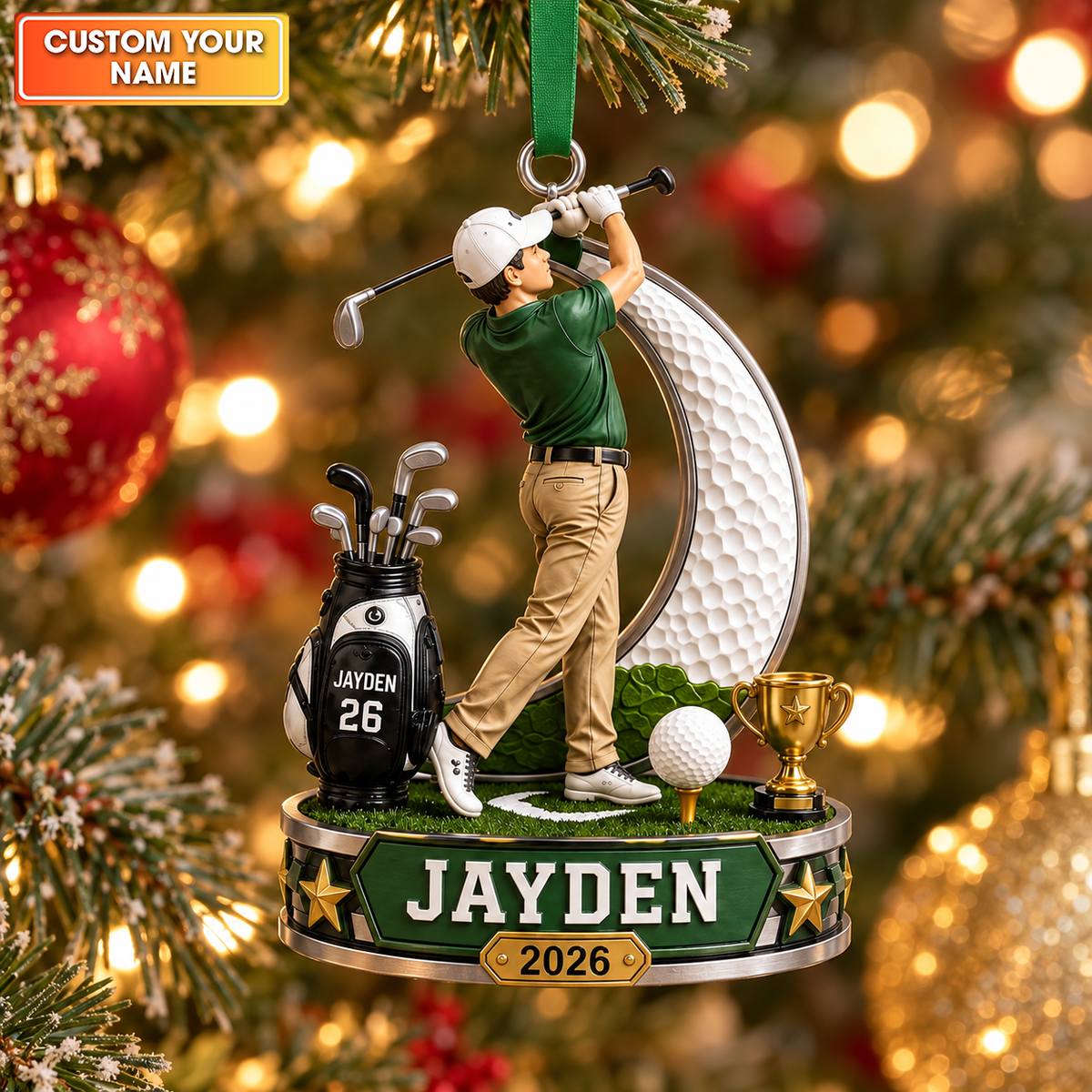 Custom Name Golf Swing Acrylic Ornament, Christmas Ornaments, Holiday Tree Decor