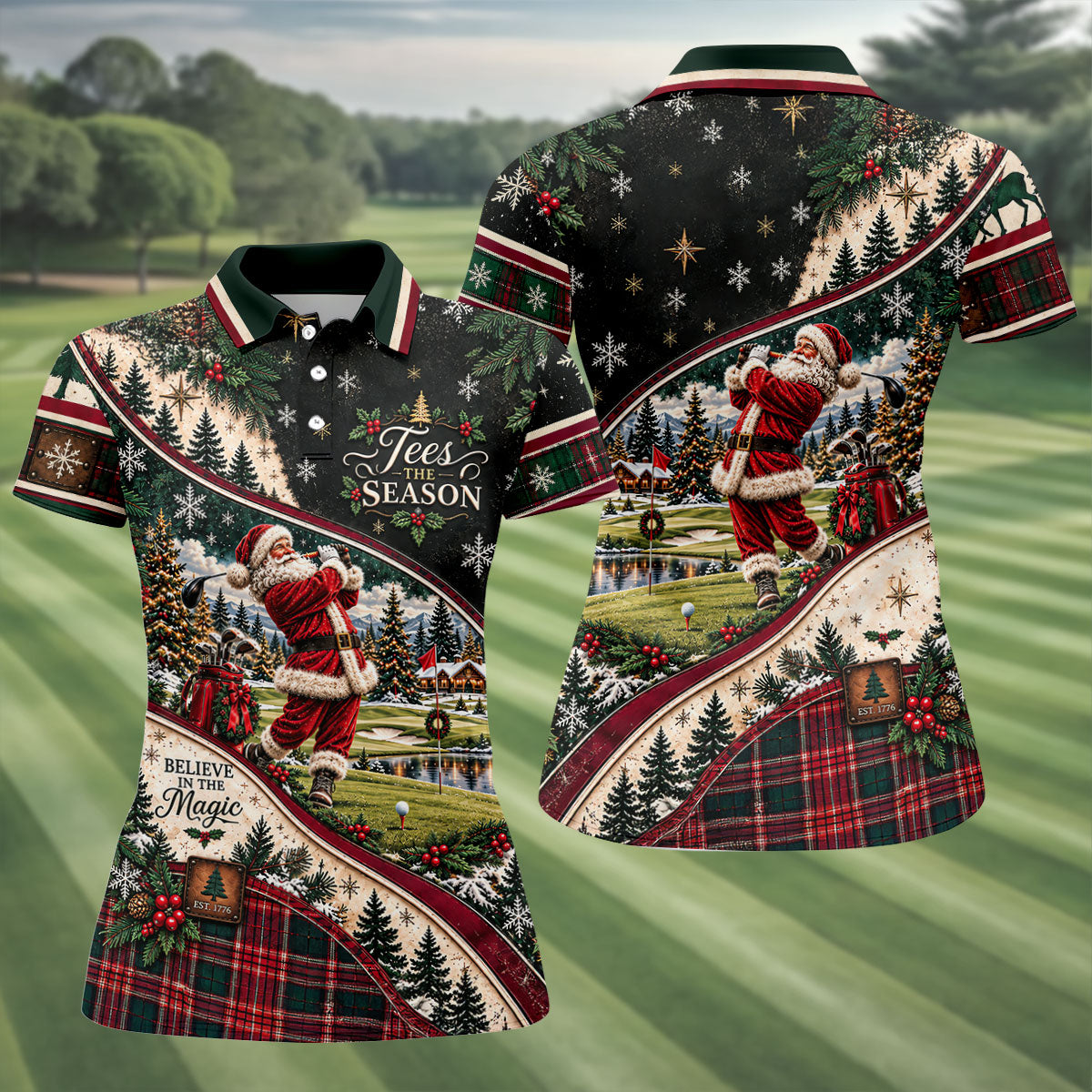 Black Plaid Santa Christmas Golf Polo, Printed Golf Shirt, Golf Shirts For Women