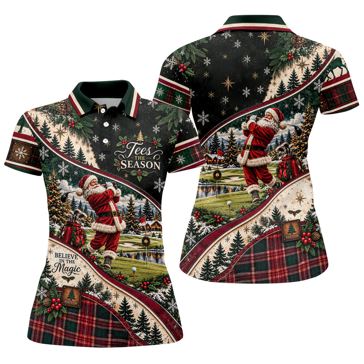 Black Plaid Santa Christmas Golf Polo, Printed Golf Shirt, Golf Shirts For Women