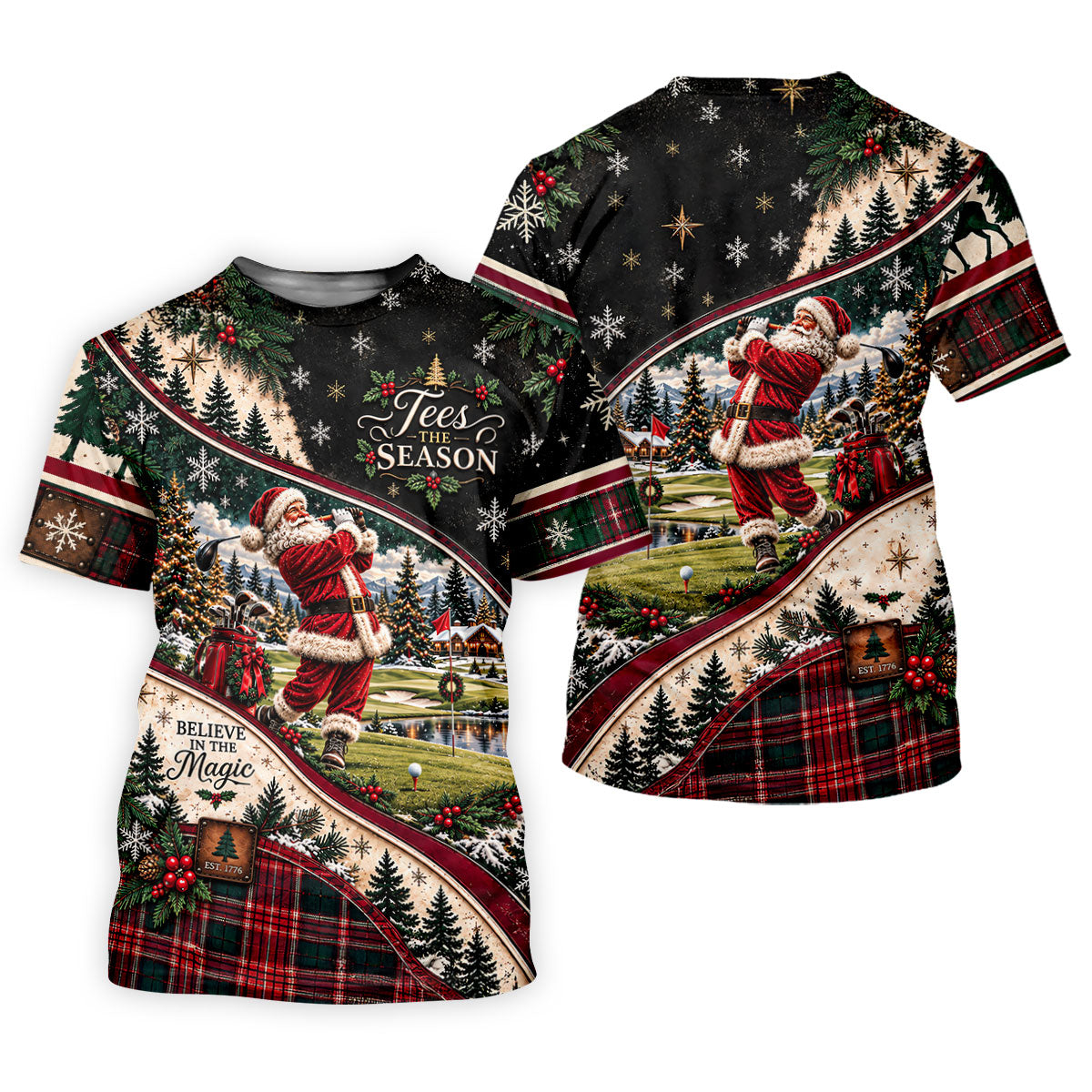 Black Plaid Santa Christmas Golf Polo, Golf Shirts For Men, Golf Apparel For Men