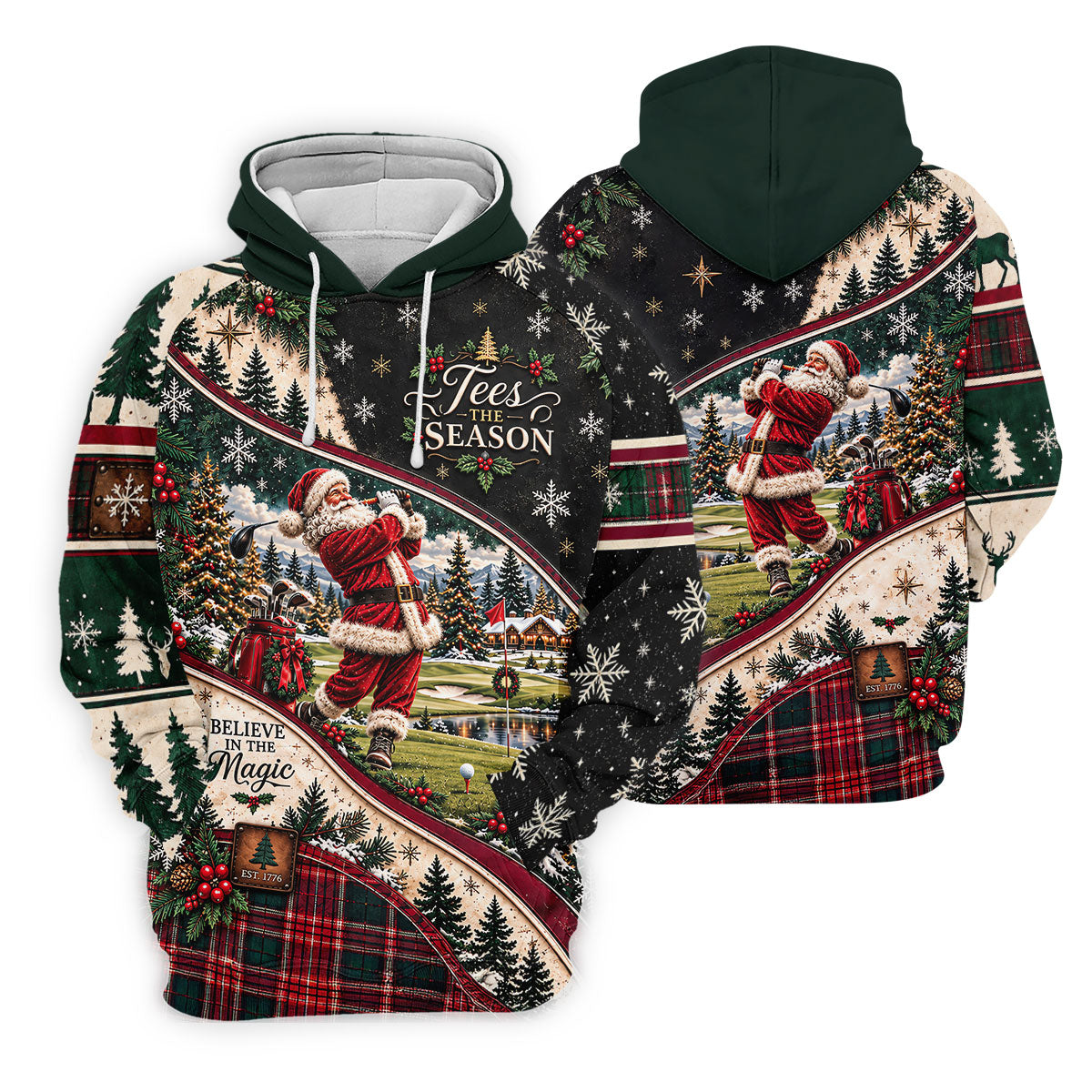 Black Plaid Santa Christmas Golf Polo, Golf Shirts For Men, Golf Apparel For Men