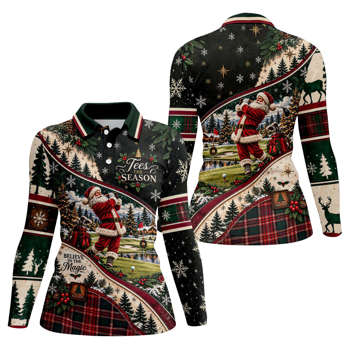 Black Plaid Santa Christmas Golf Polo, Printed Golf Shirt, Golf Shirts For Women