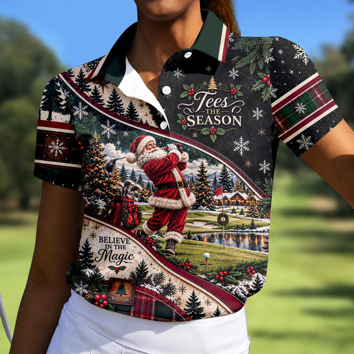 Black Plaid Santa Christmas Golf Polo, Printed Golf Shirt, Golf Shirts For Women