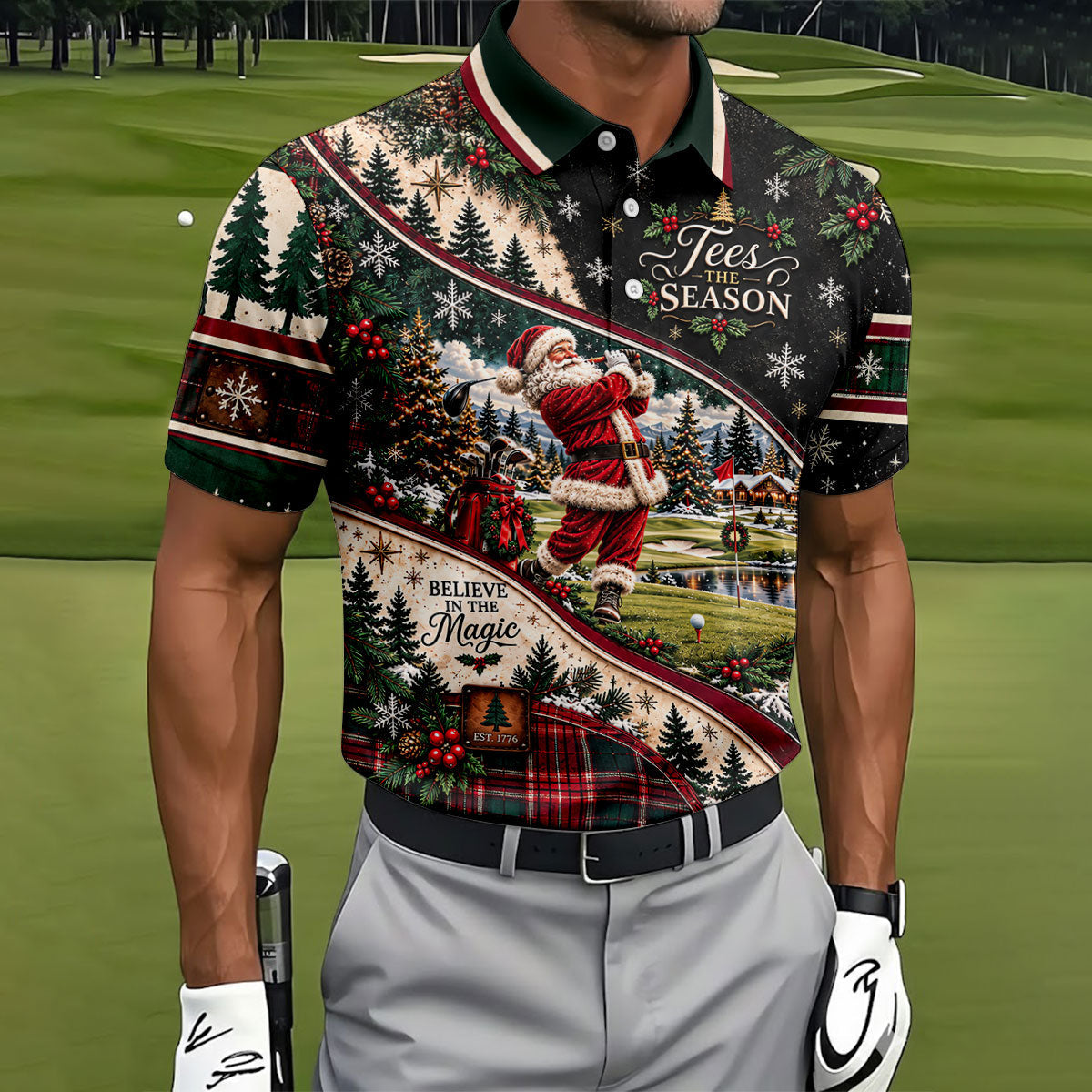 Black Plaid Santa Christmas Golf Polo, Golf Shirts For Men, Golf Apparel For Men