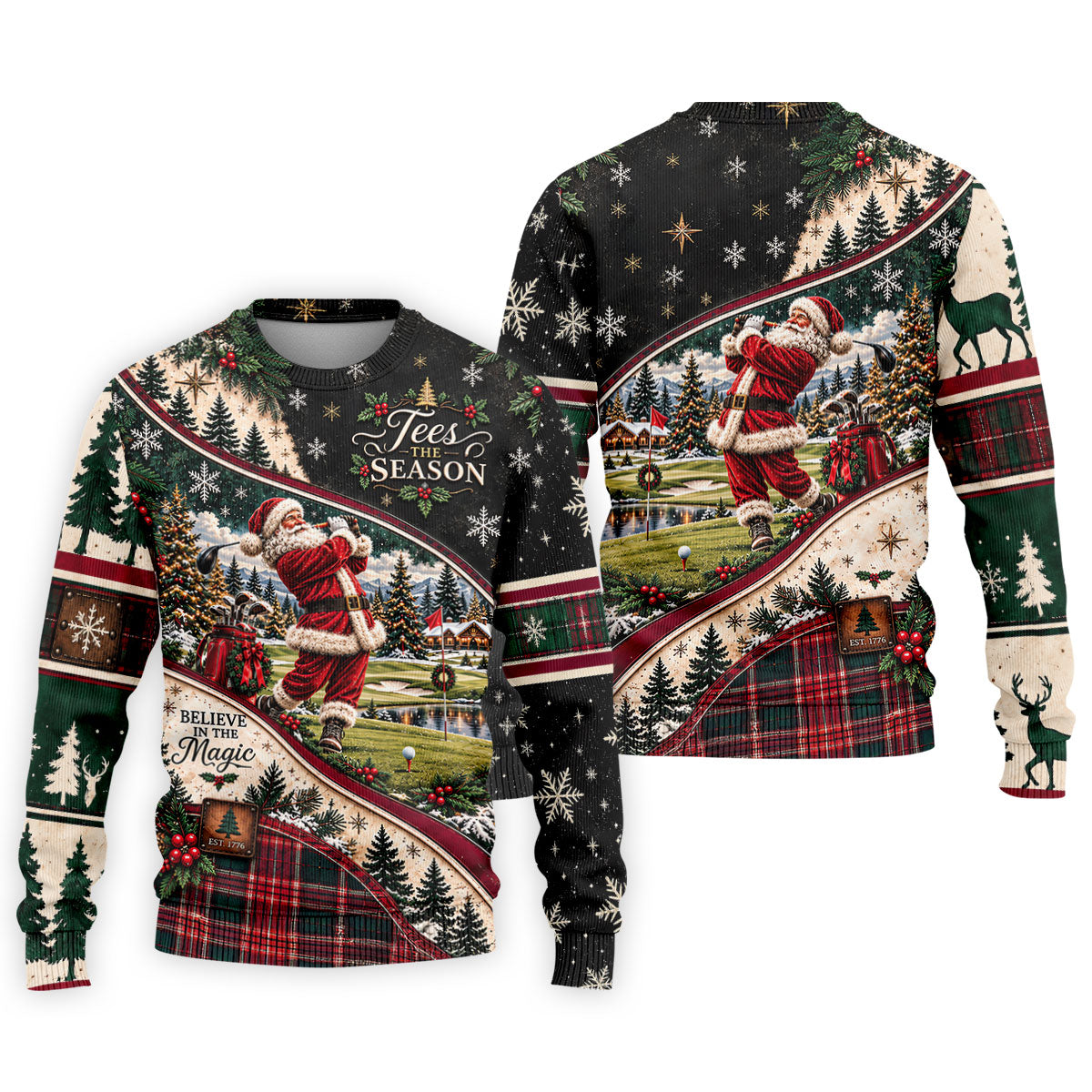 Black Plaid Santa Christmas Golf Polo, Golf Shirts For Men, Golf Apparel For Men